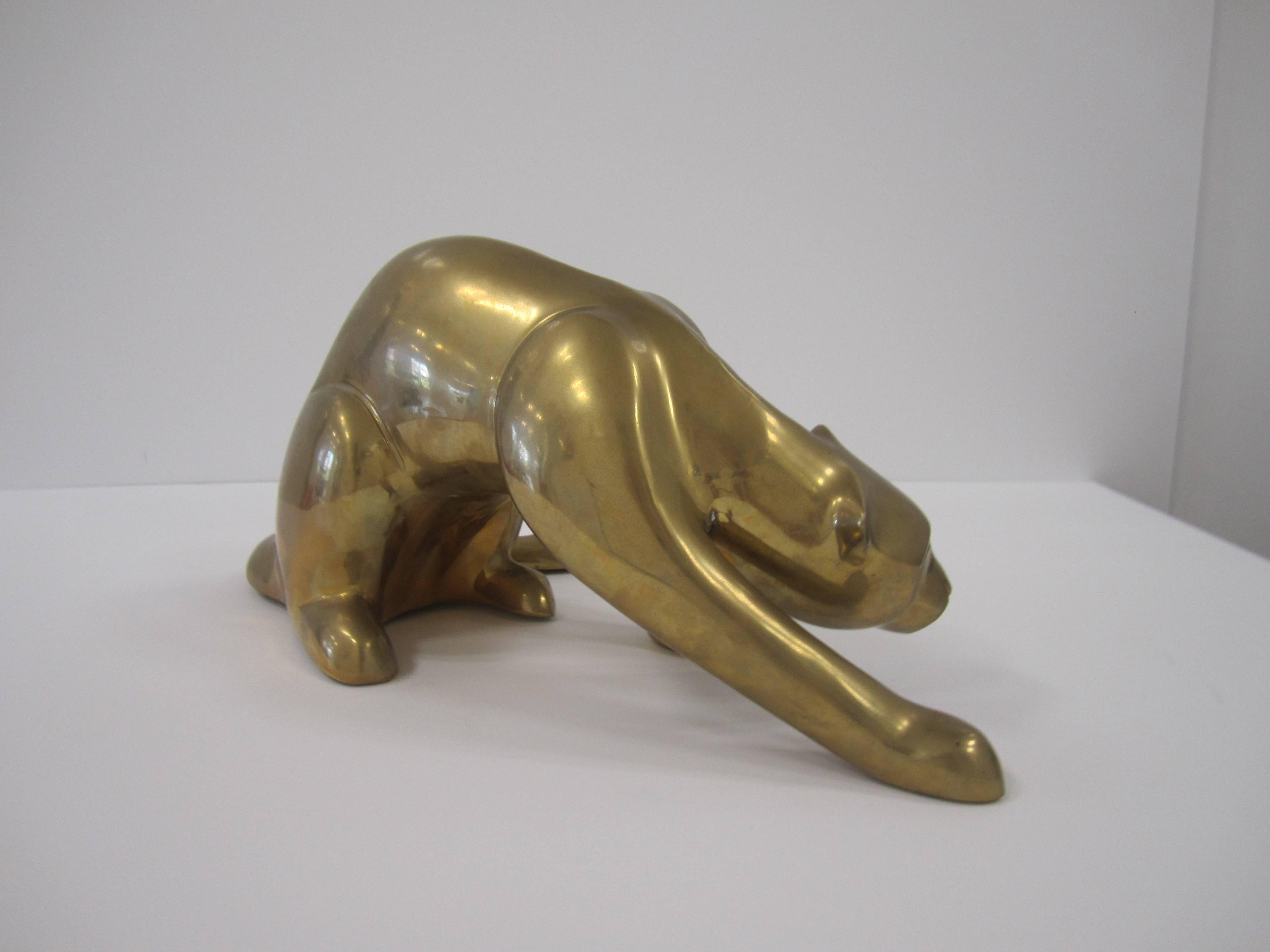 Substantial Vintage Modern Brass Art Deco Panther Cat Sculpture, 1970s In Excellent Condition In New York, NY