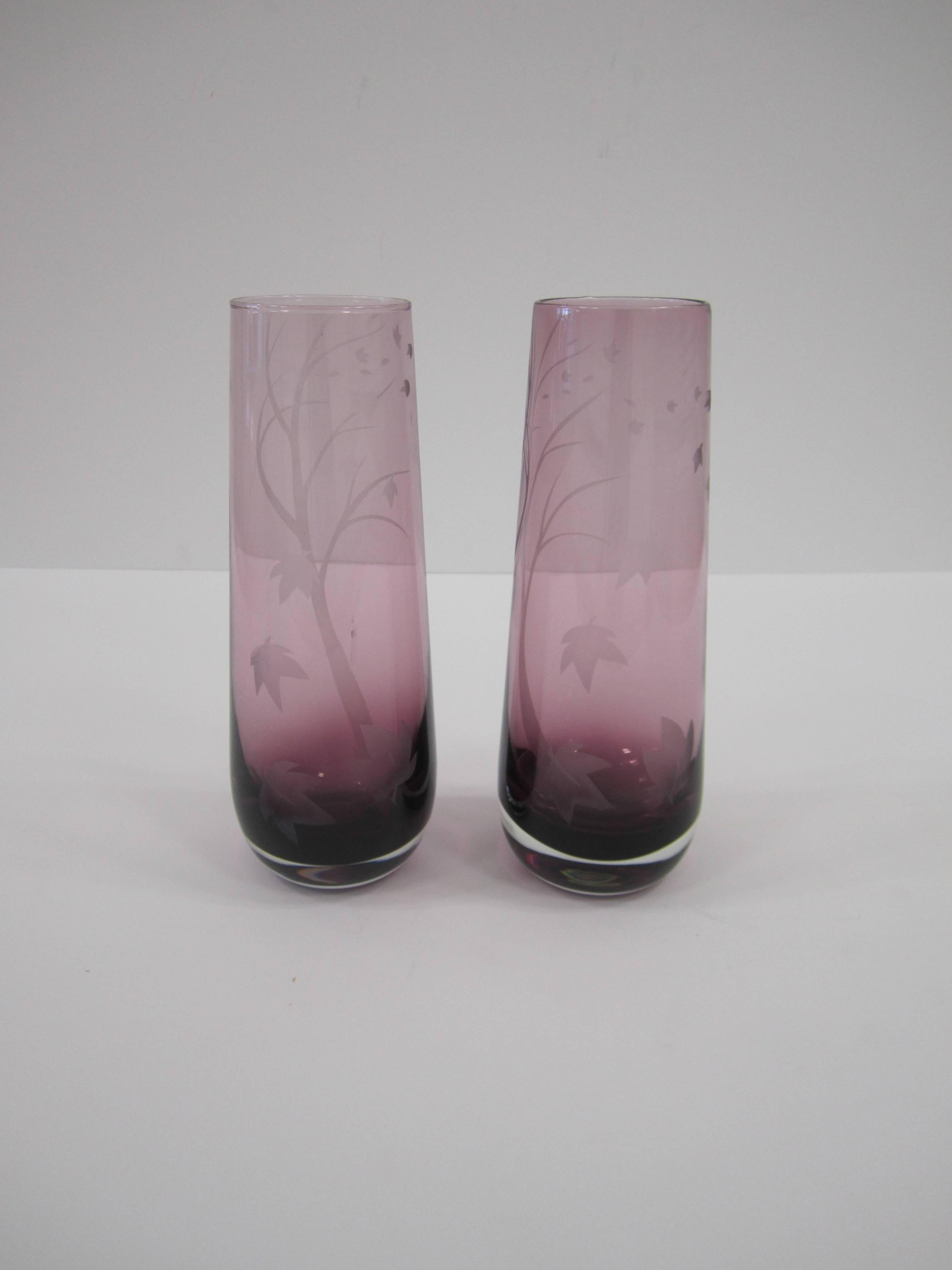 Etched Purple Amethyst Art Glass Vases, 1980s, Pair and Signed