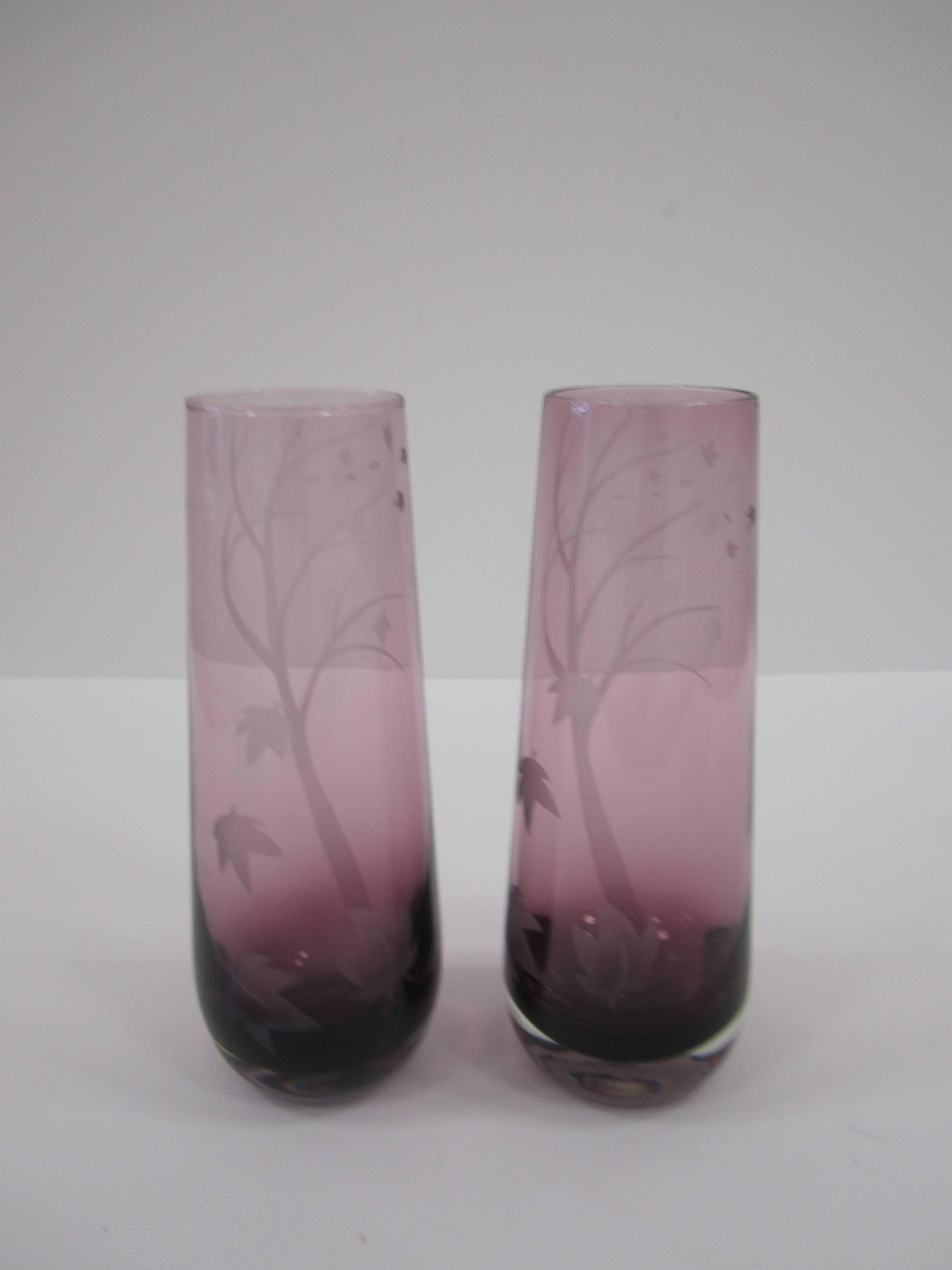 Organic Modern Purple Amethyst Art Glass Vases, 1980s, Pair and Signed