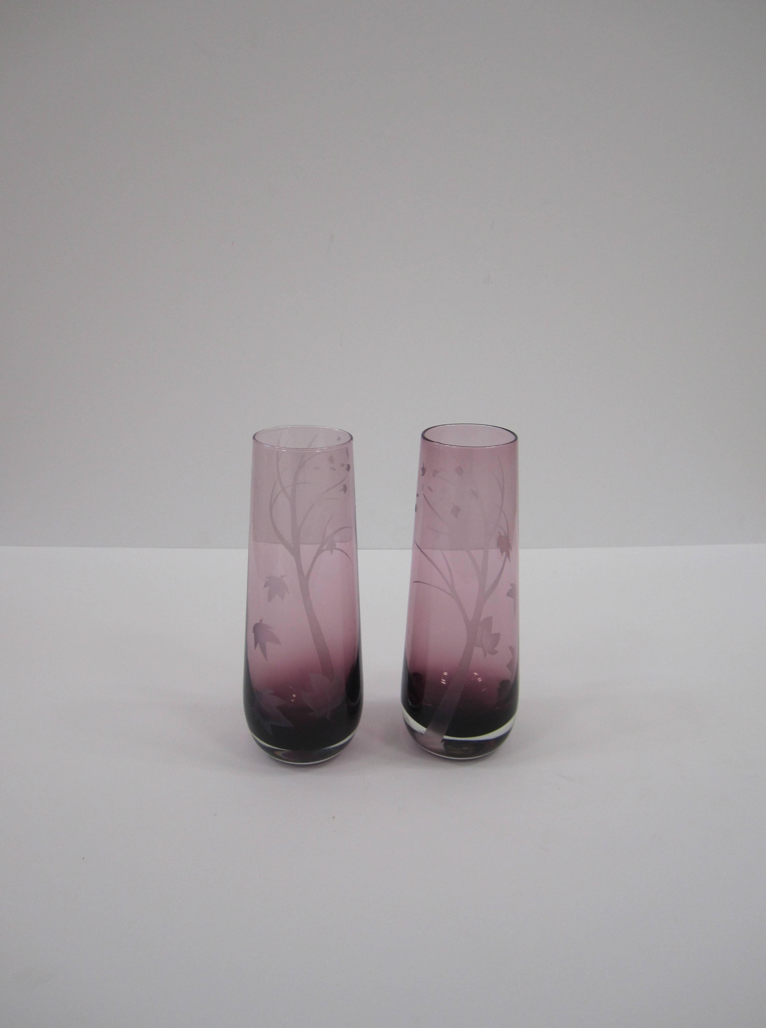 European Purple Amethyst Art Glass Vases, 1980s, Pair and Signed