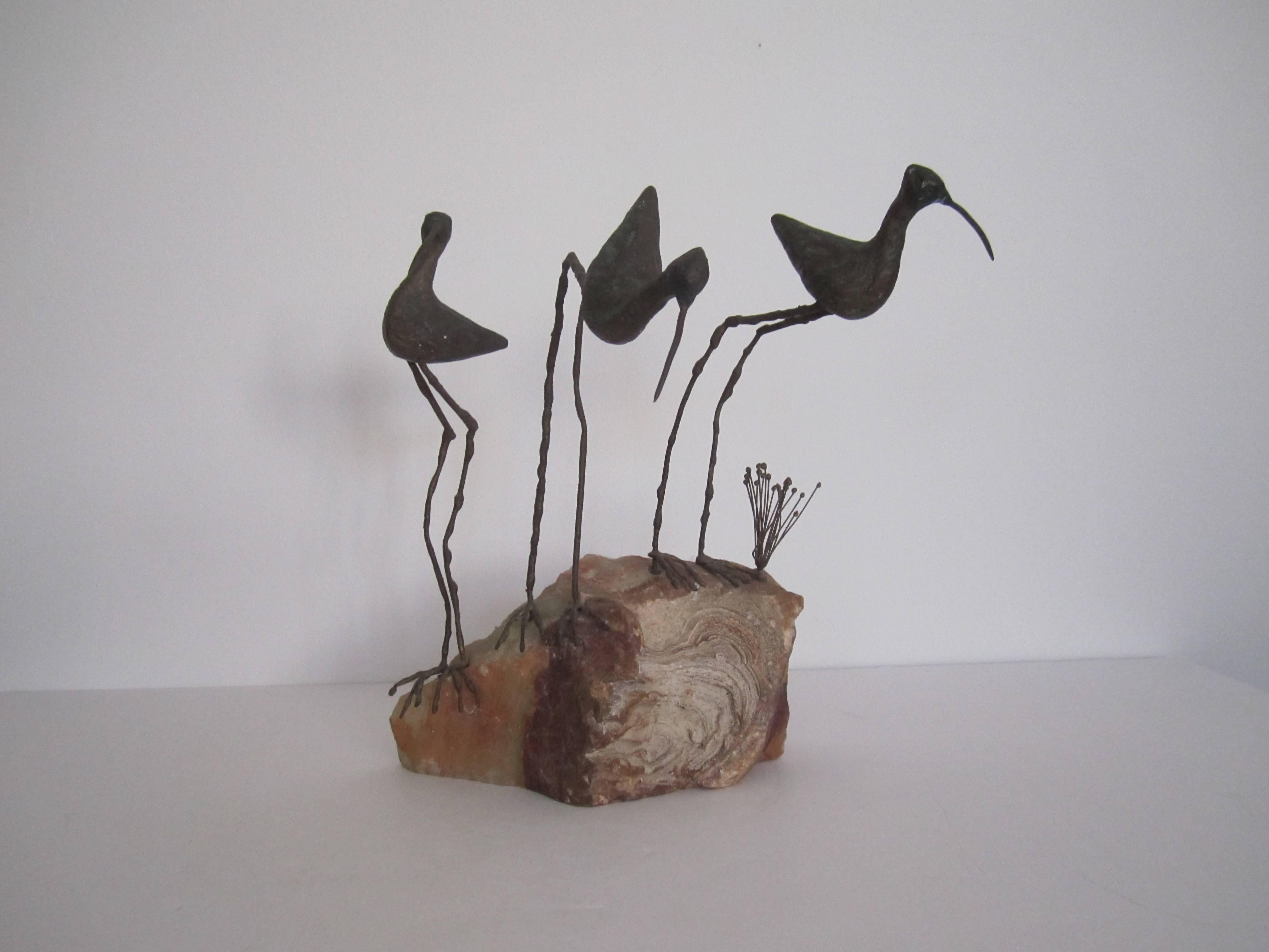 American Designers Curtis Jere Onyx Marble and Bronze Birds Beach Sculpture, 1969