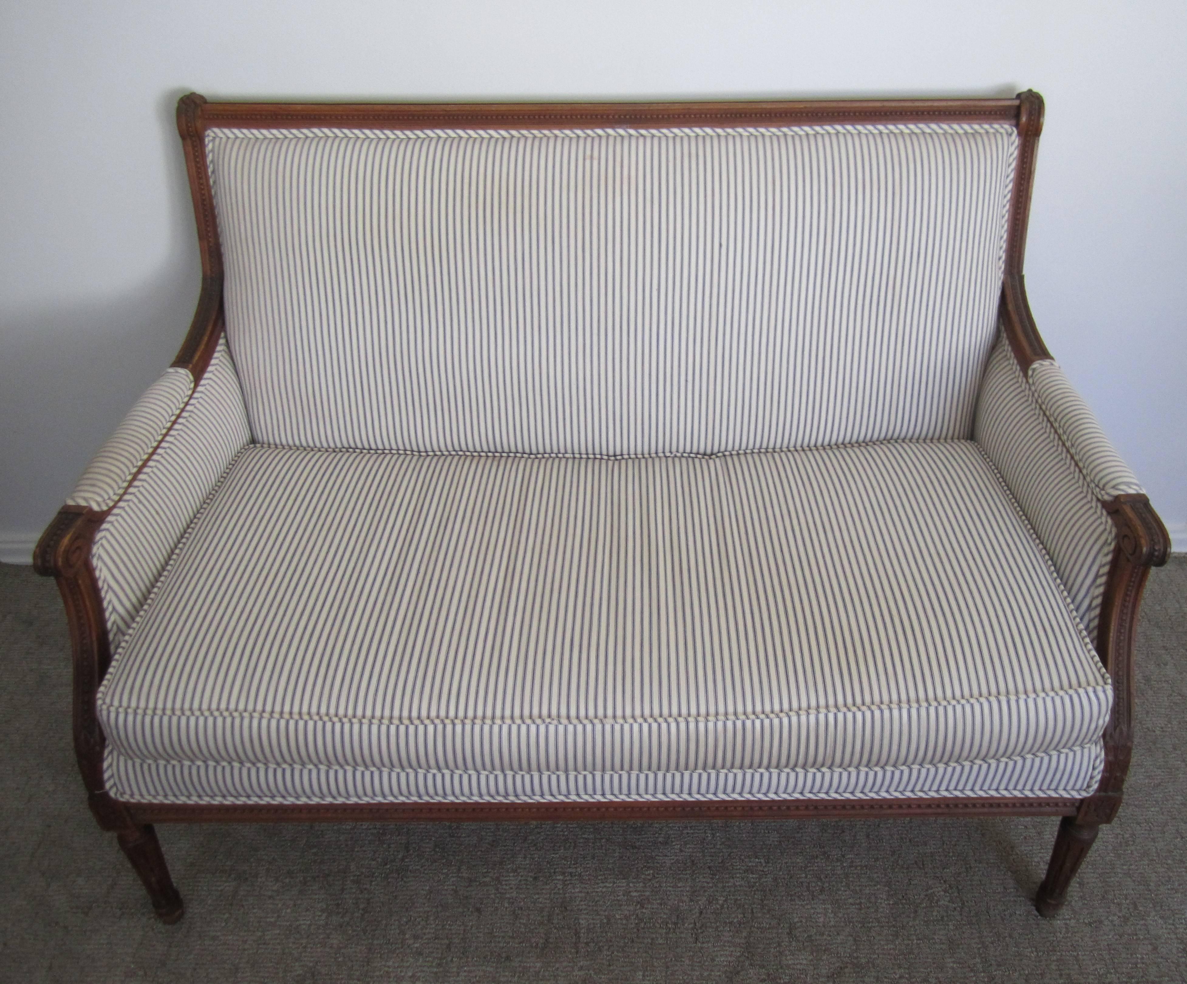 19th Century Antique French Louis XVI Style Blue and White Upholstered Settee Sofa