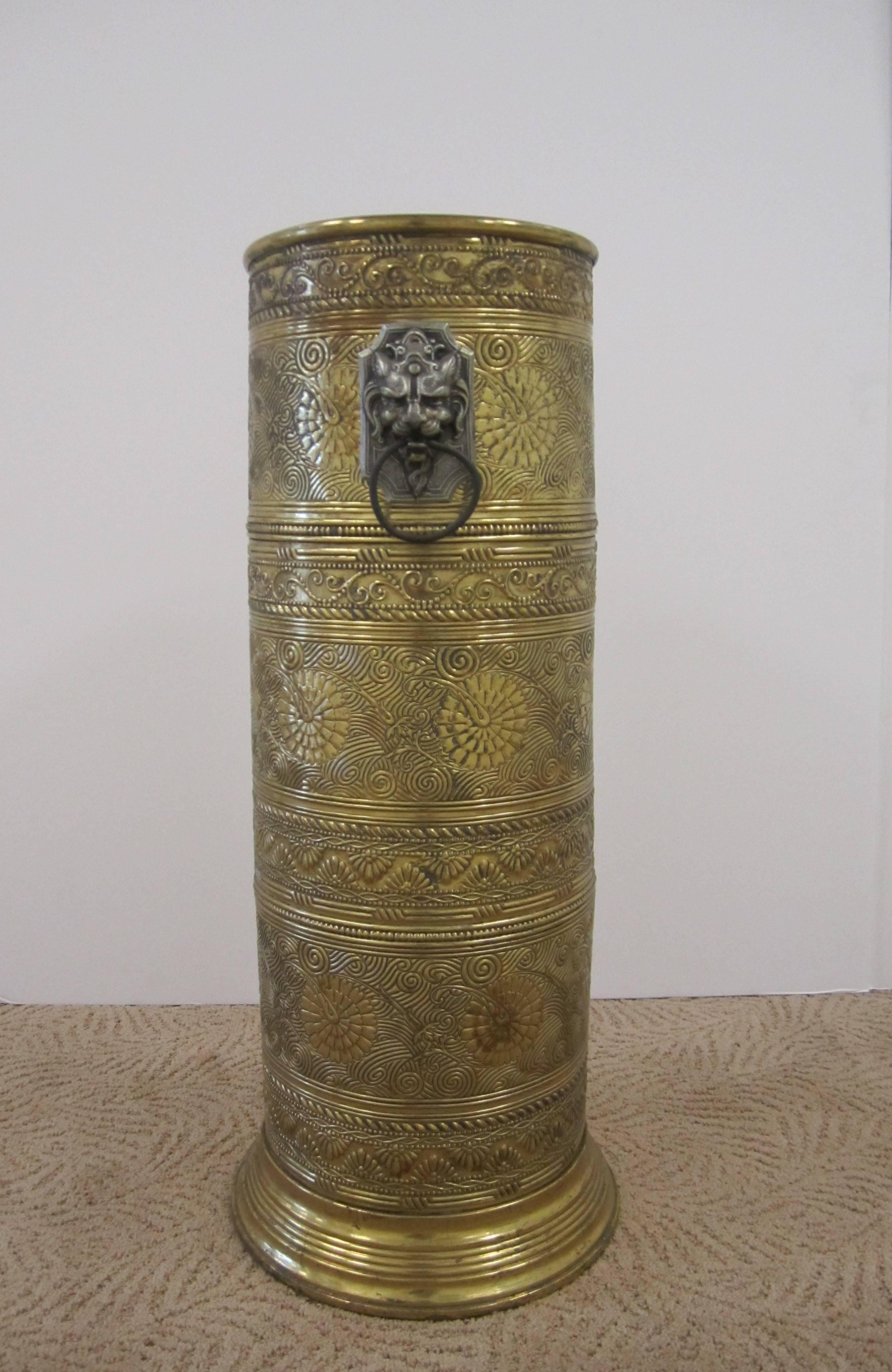 Embossed Vintage Brass Umbrella Stand with Decorative Lion Heads