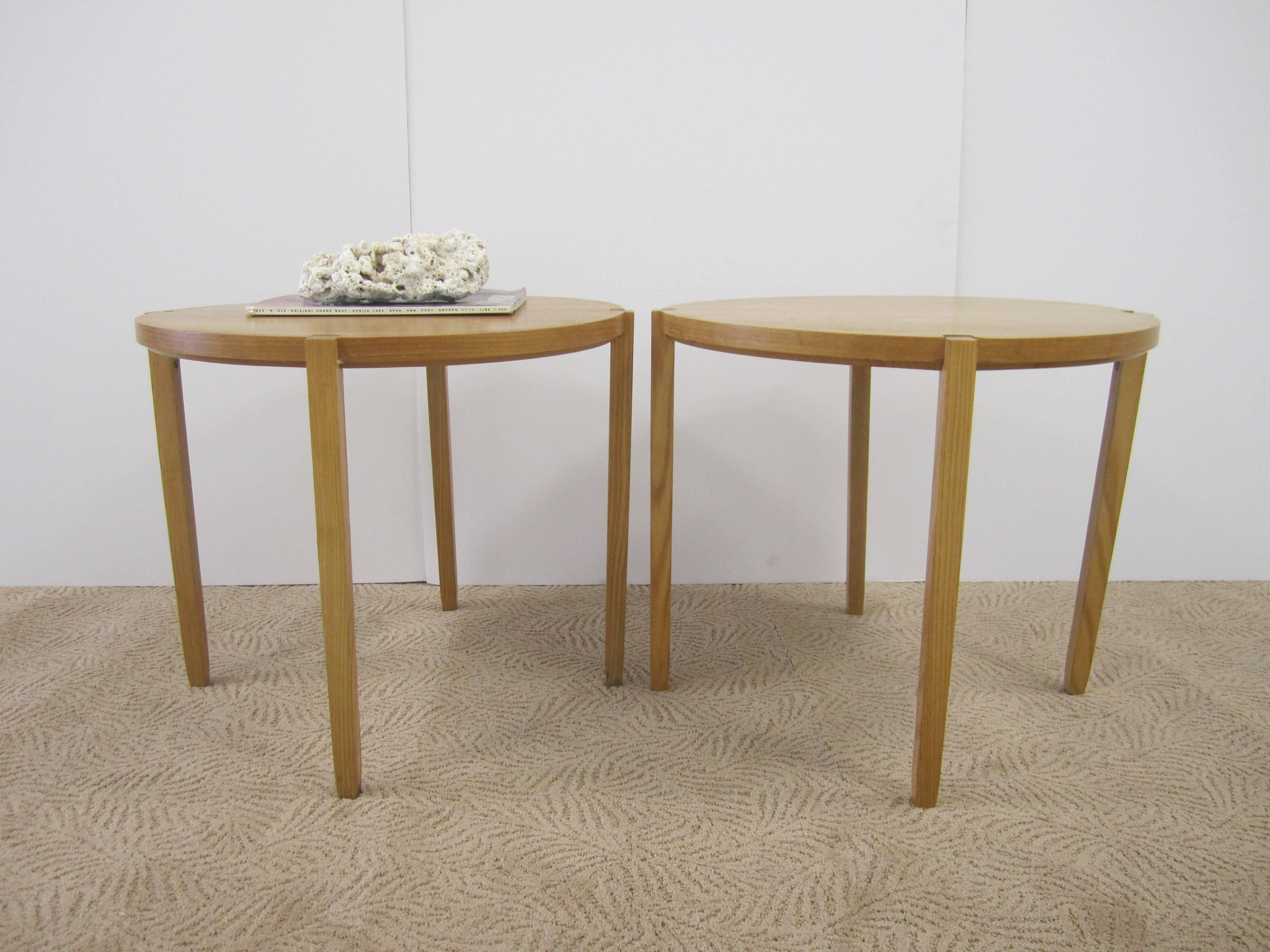American Pair of Round Oak End Tables for Brickel by Designer Timothy Defiebre