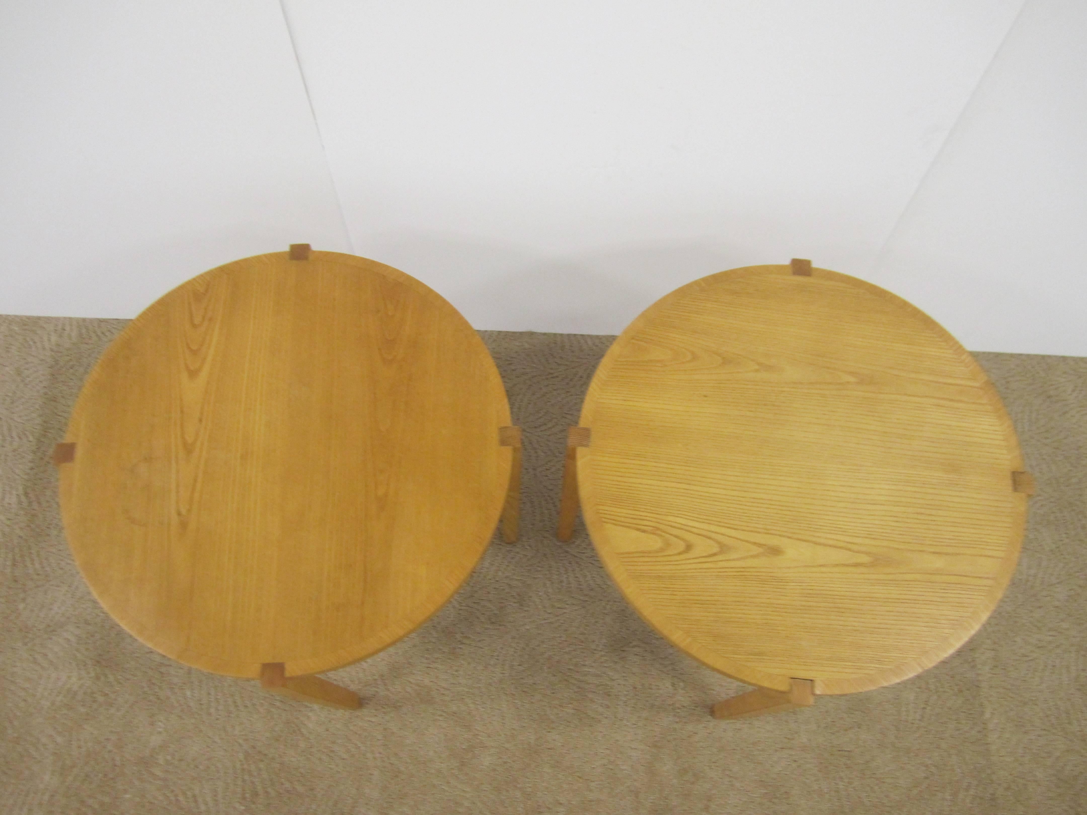 Post-Modern Pair of Round Oak End Tables for Brickel by Designer Timothy Defiebre