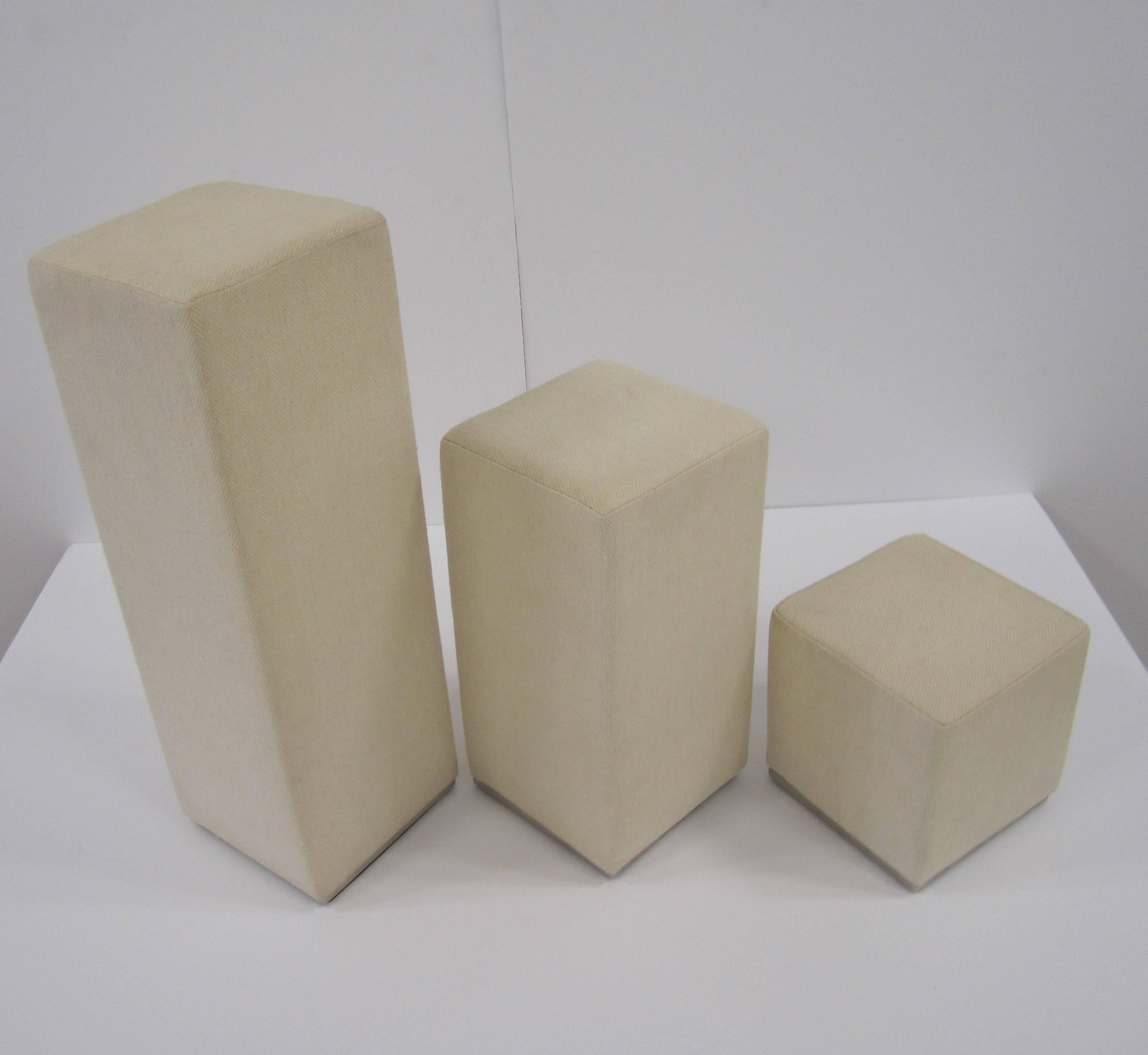 Upholstered Pedestal Column Display Pieces, Set of 3 In Good Condition In New York, NY