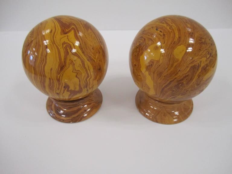 Yellow Pottery Faux Marble Decorative Spheres on Pedestal Bases For