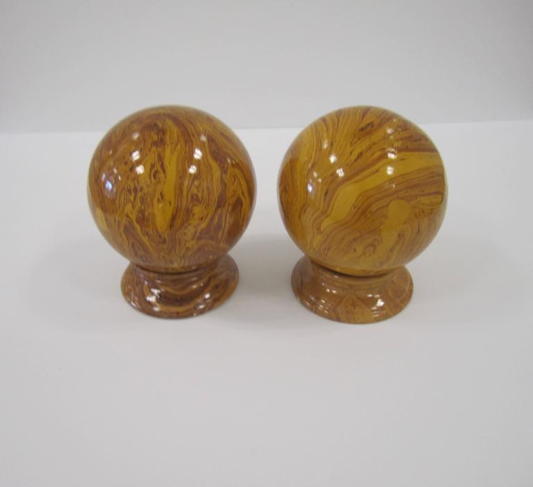 Yellow Pottery Faux Marble Decorative Spheres on Pedestal Bases For