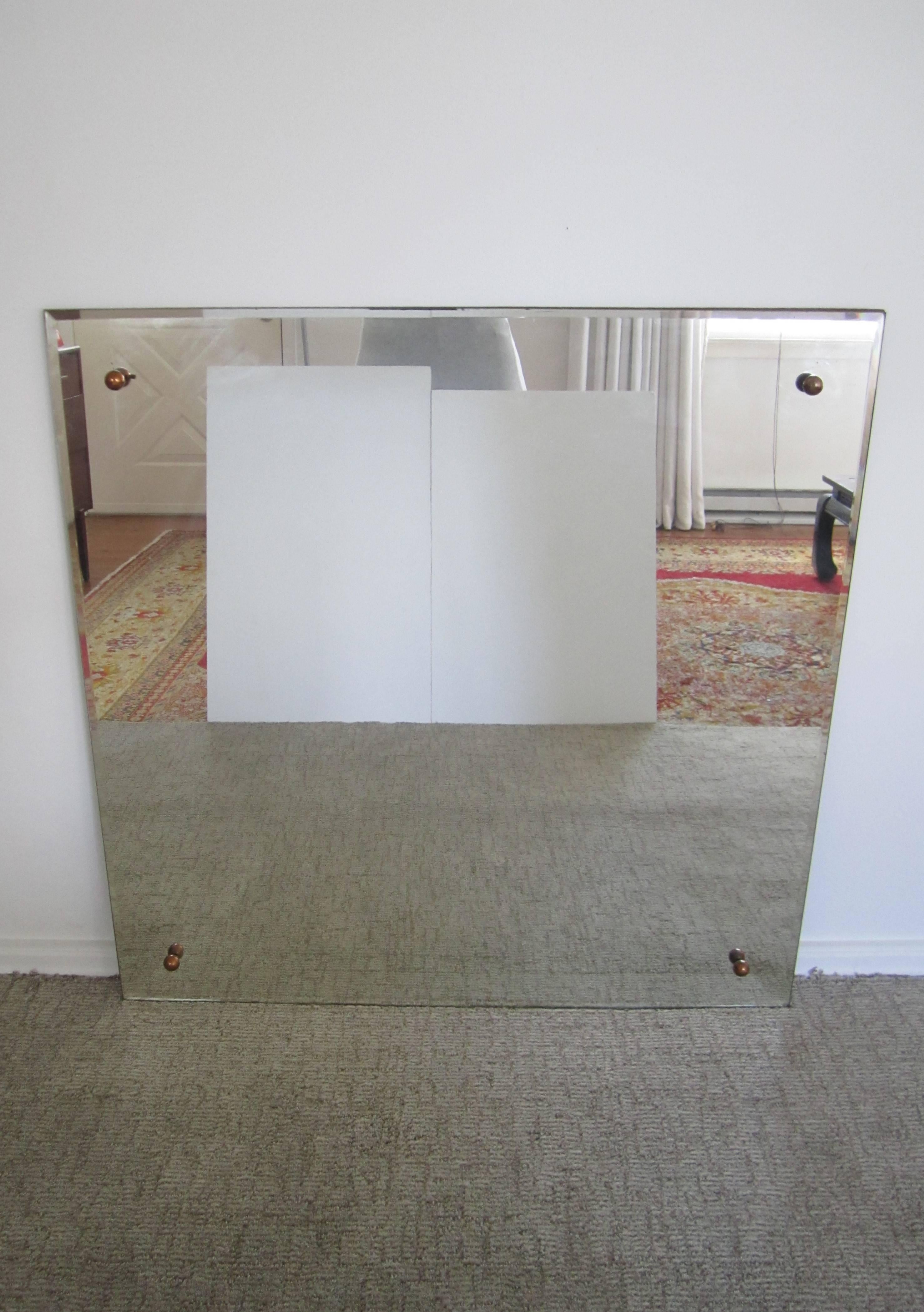 Vintage square beveled mirror with copper ball accents at each corner. 

Mirror measures 36