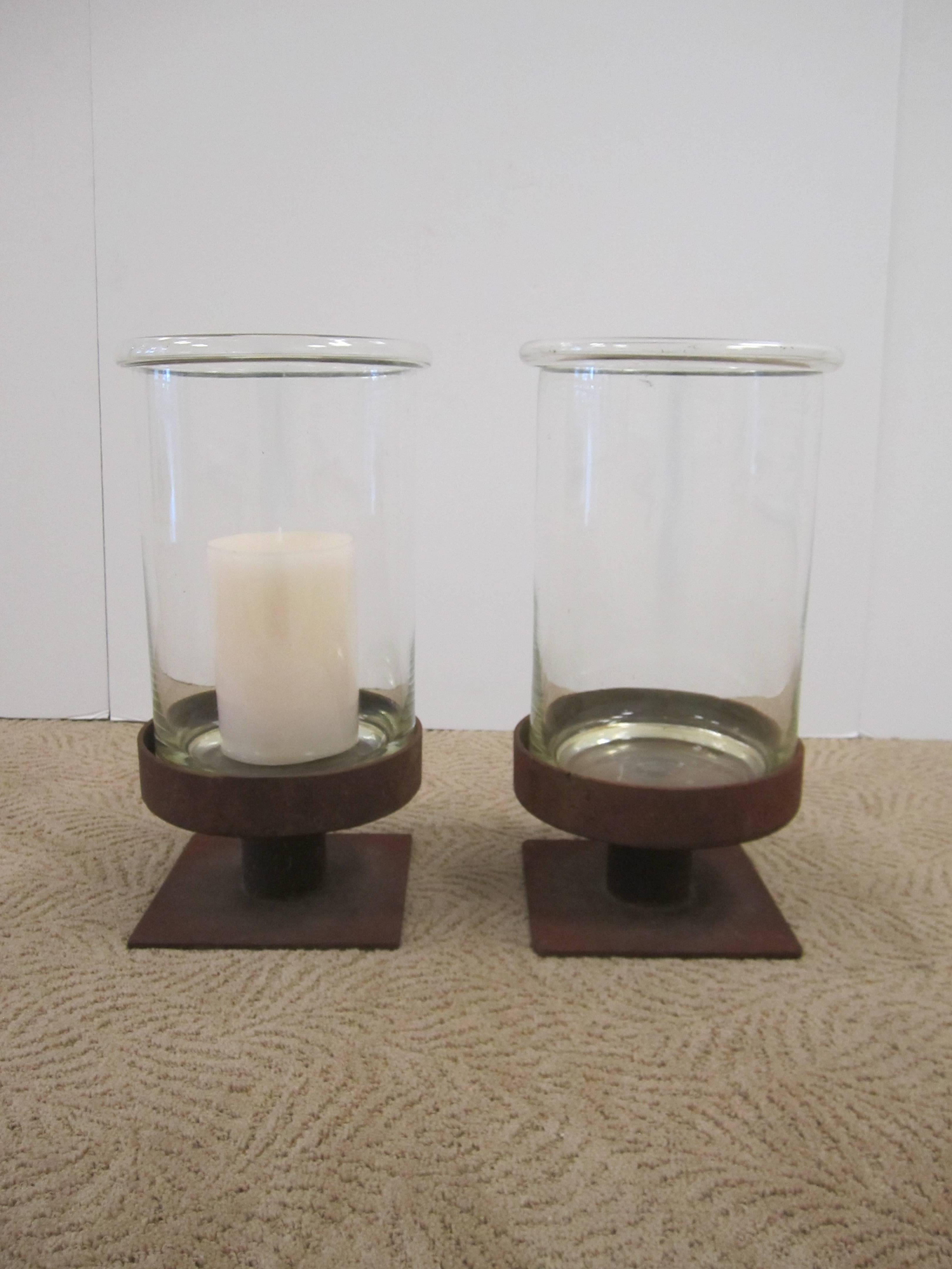 Pair of Modern European Glass and Iron Hurricane Candle Lamps 1
