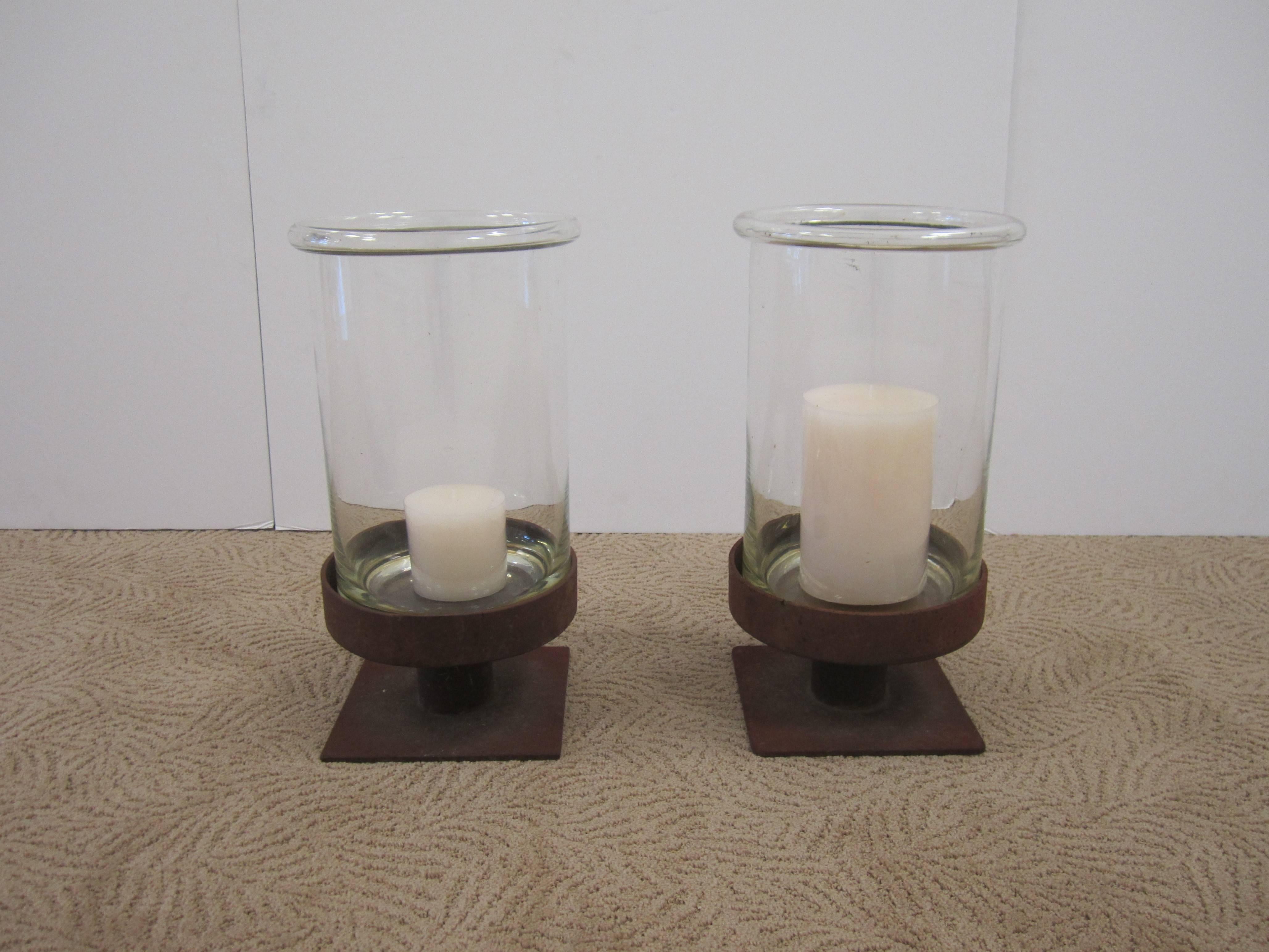 Polish Pair of Modern European Glass and Iron Hurricane Candle Lamps