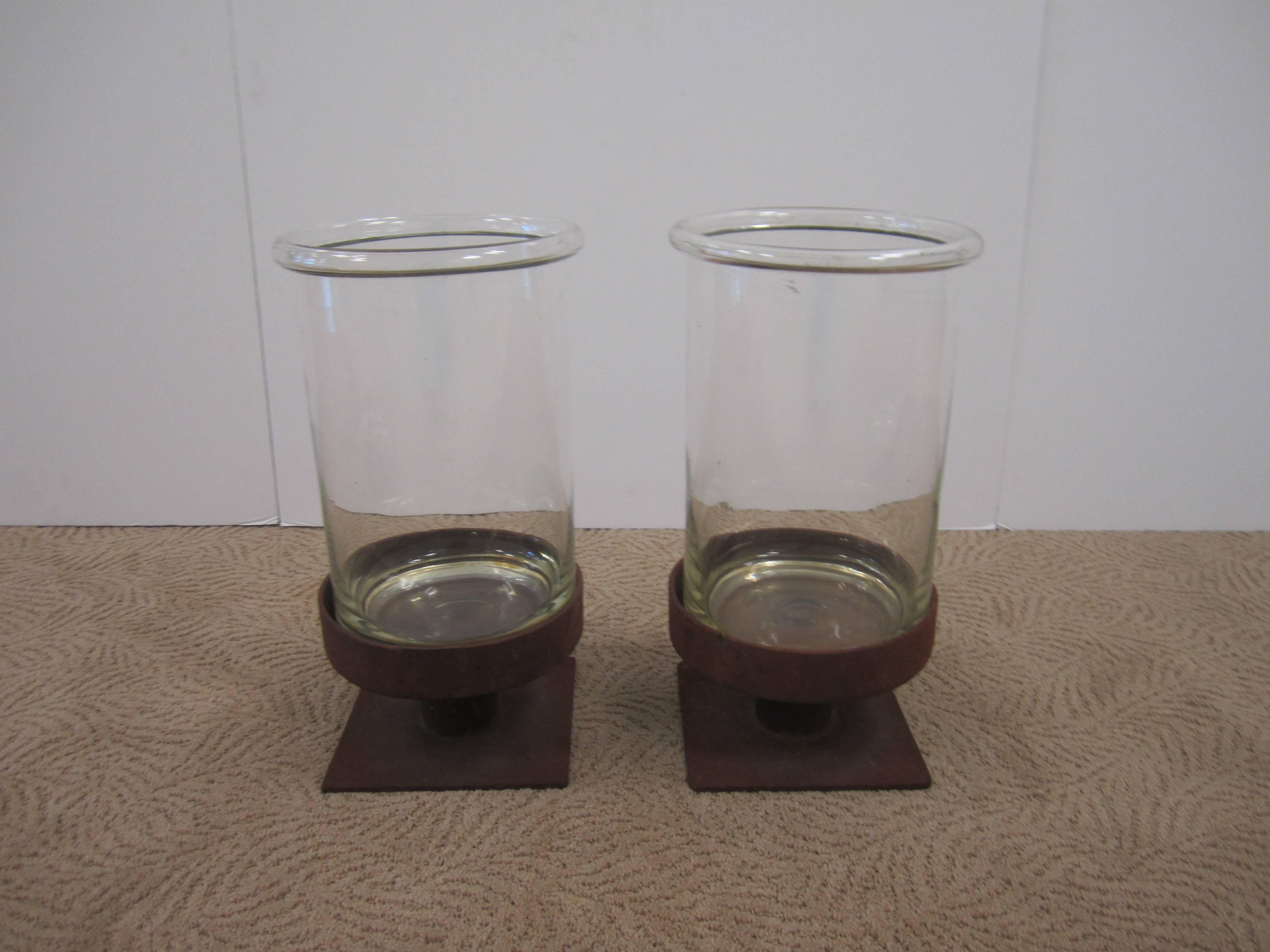 Contemporary Pair of Modern European Glass and Iron Hurricane Candle Lamps