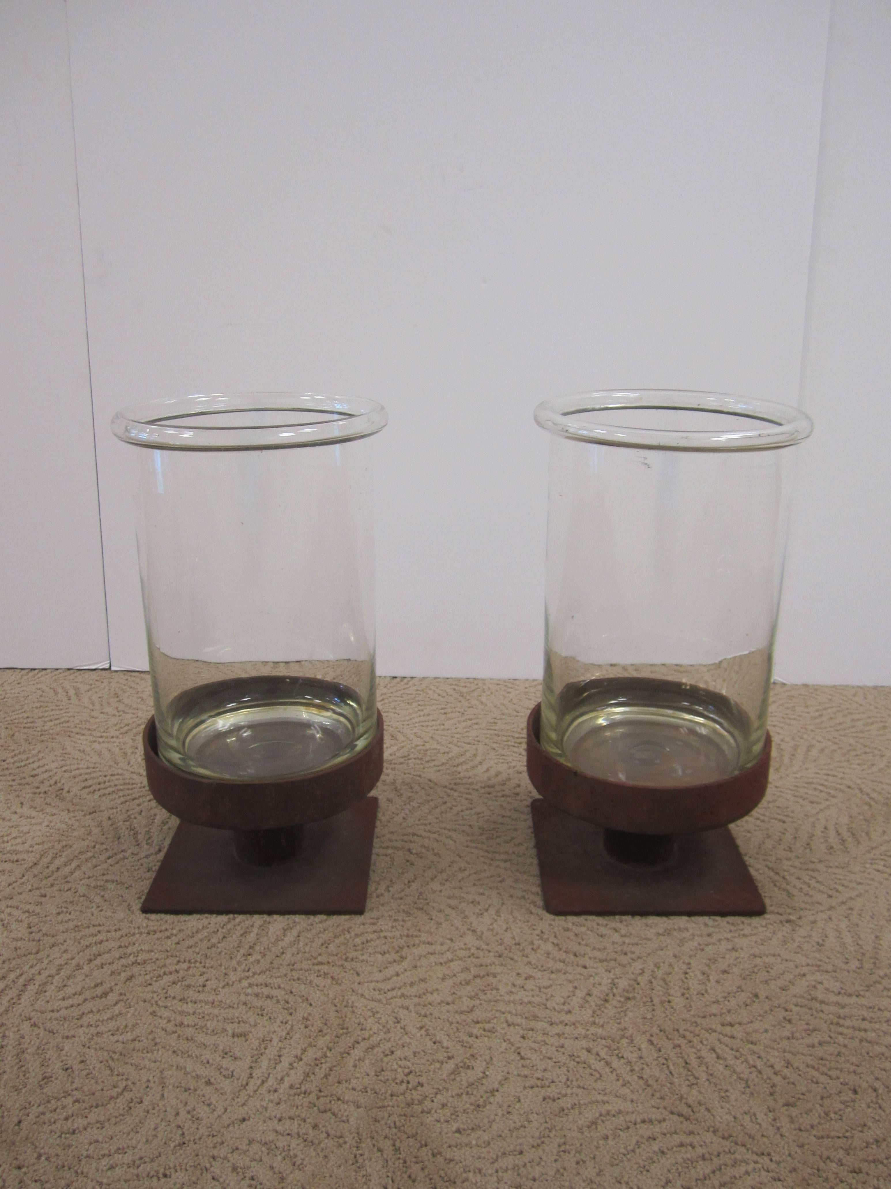 Pair of Modern European Glass and Iron Hurricane Candle Lamps 2