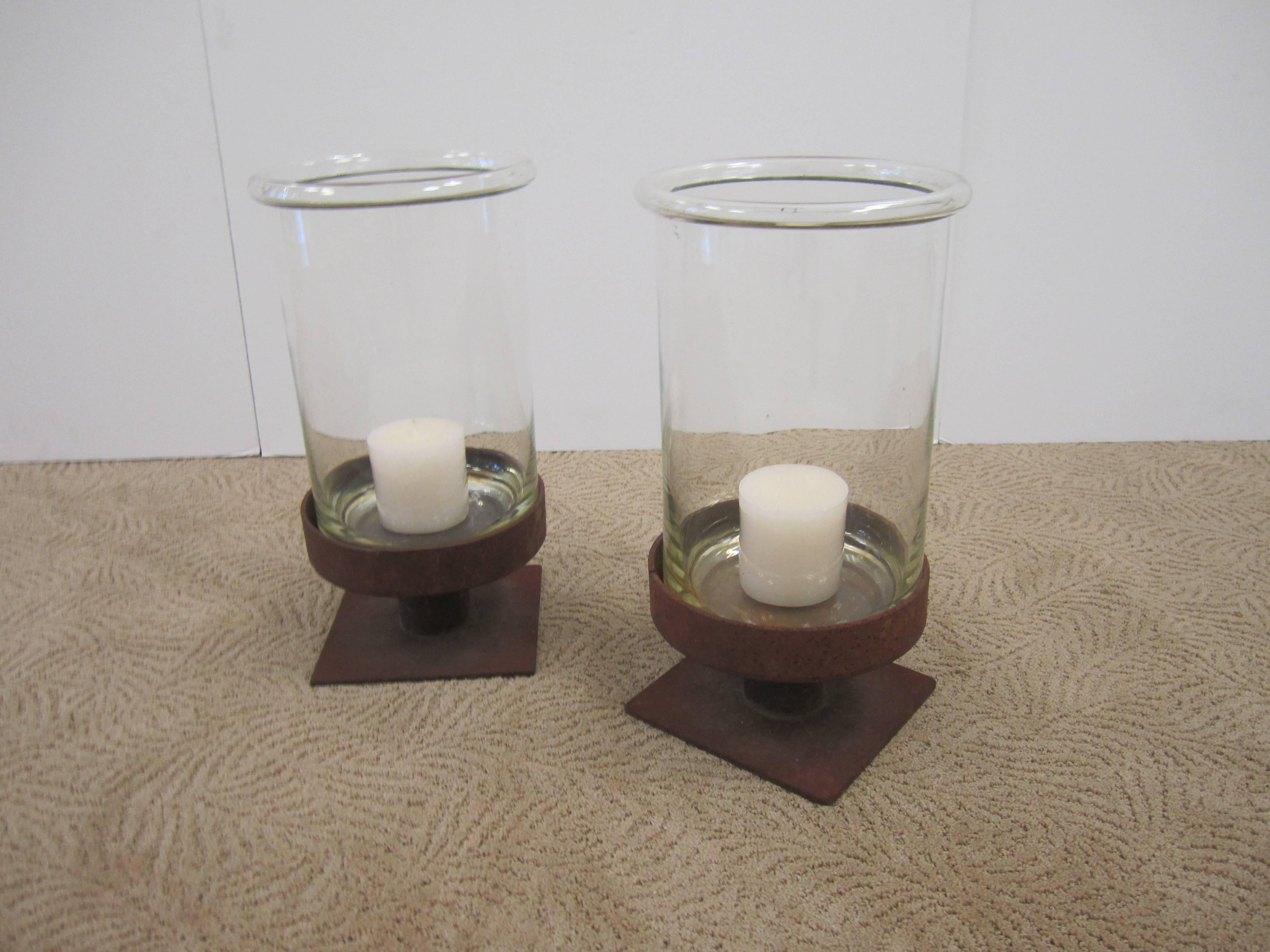 Pair of Modern European Glass and Iron Hurricane Candle Lamps 3