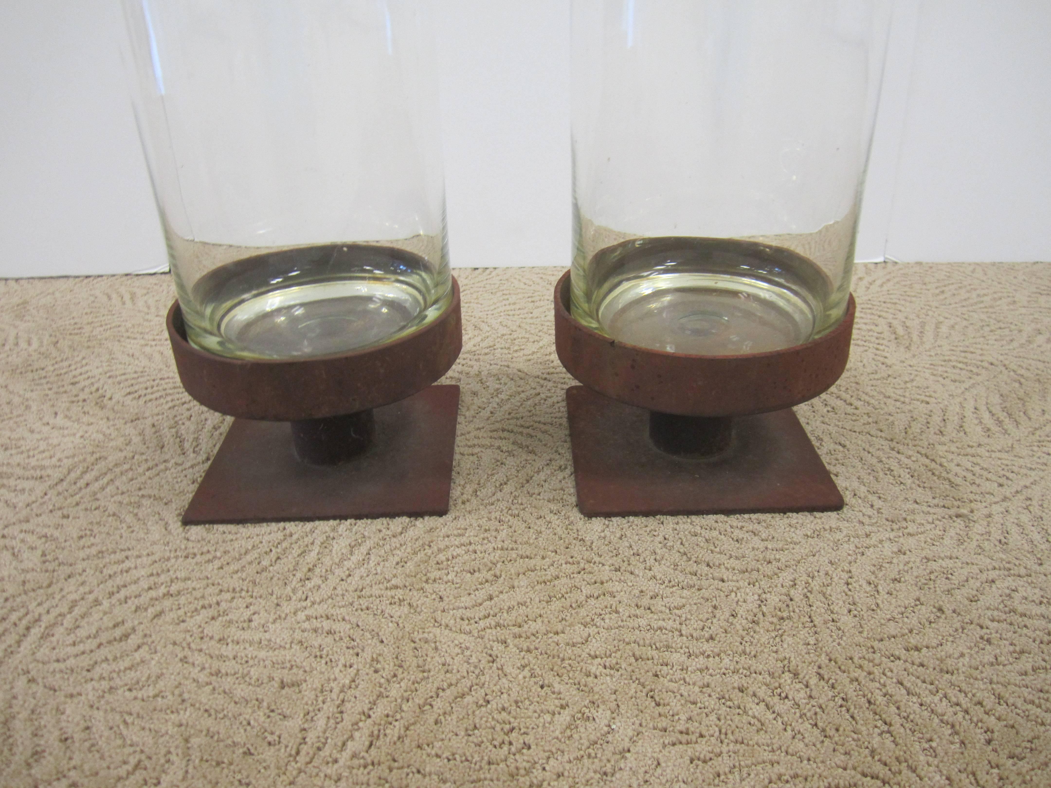 Pair of Modern European Glass and Iron Hurricane Candle Lamps 4