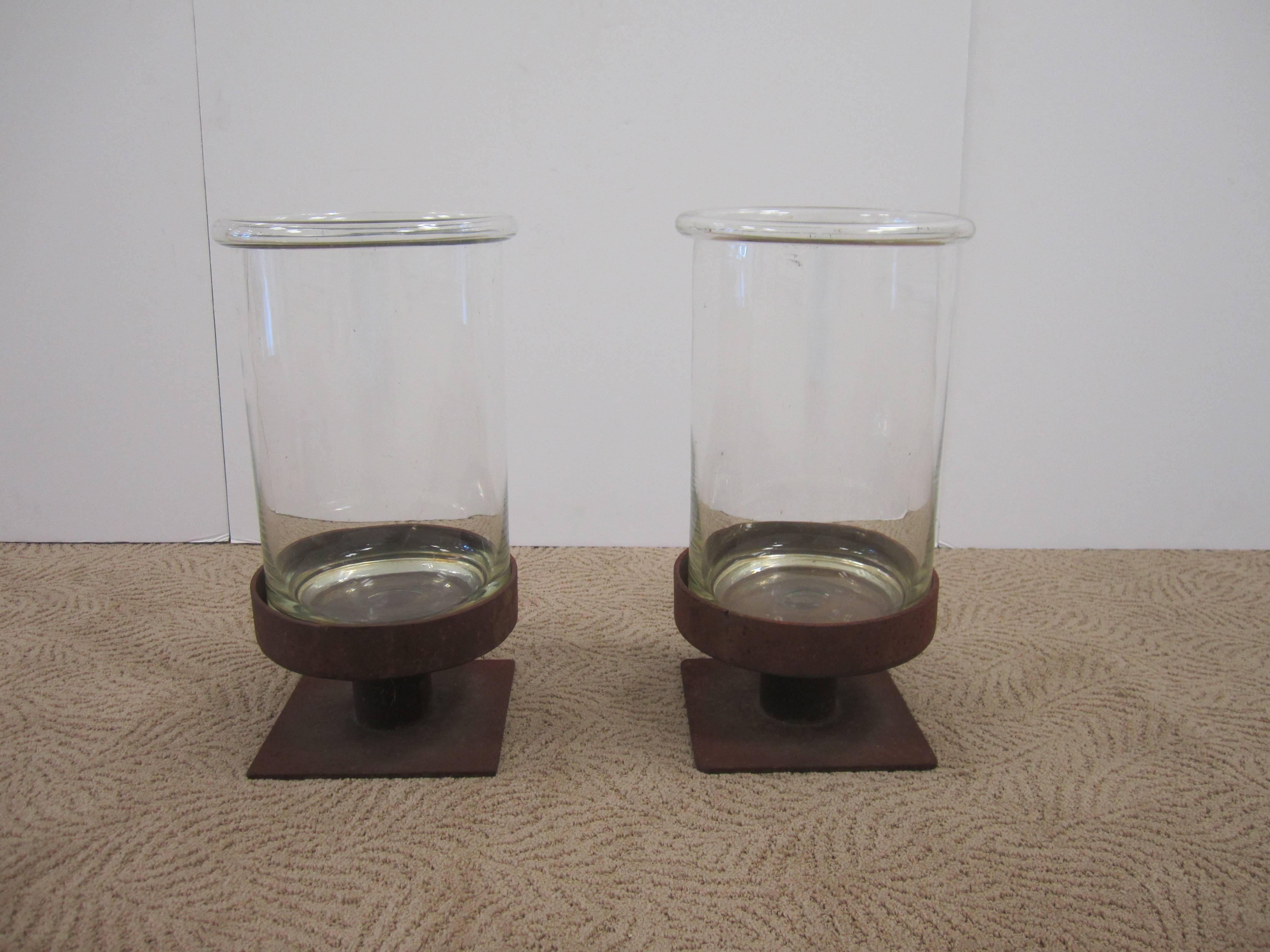 Pair of Modern European Glass and Iron Hurricane Candle Lamps 5
