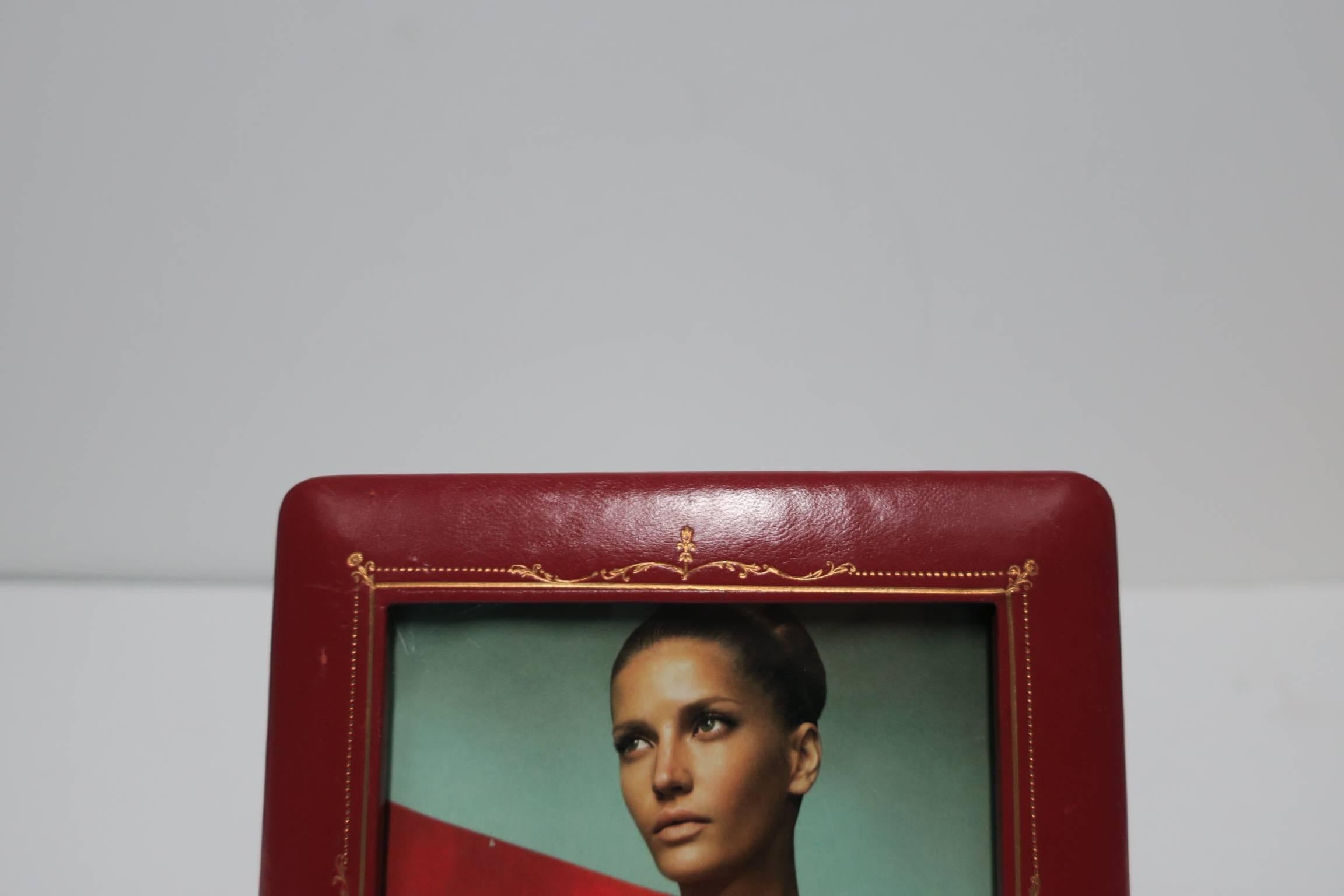 Embossed Vintage Italian Red and Gold Leather Picture Frame, Italy