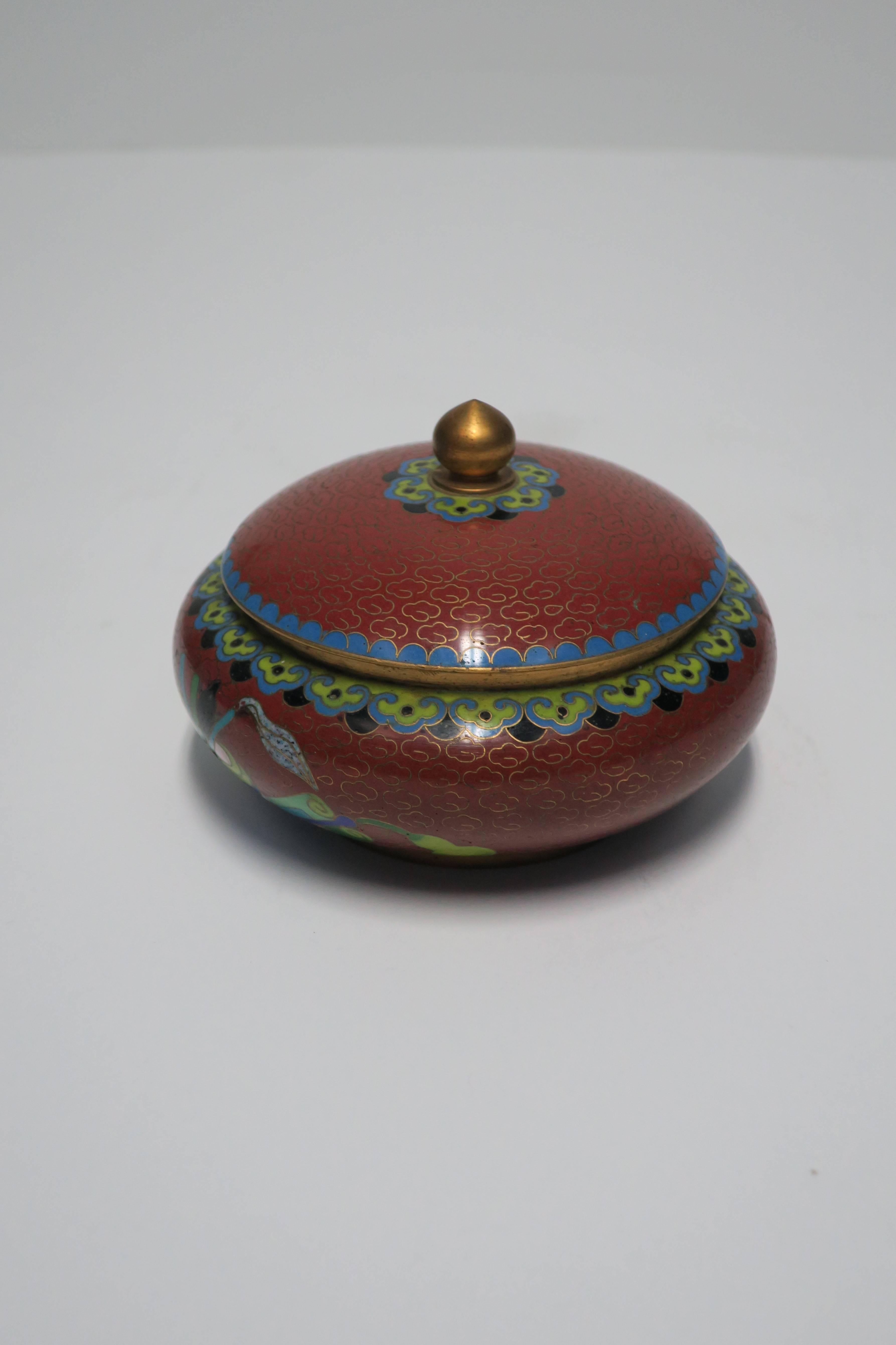 Chinese Vintage Burgundy Red Asian Cloisonné Jewelry Box, 1970s