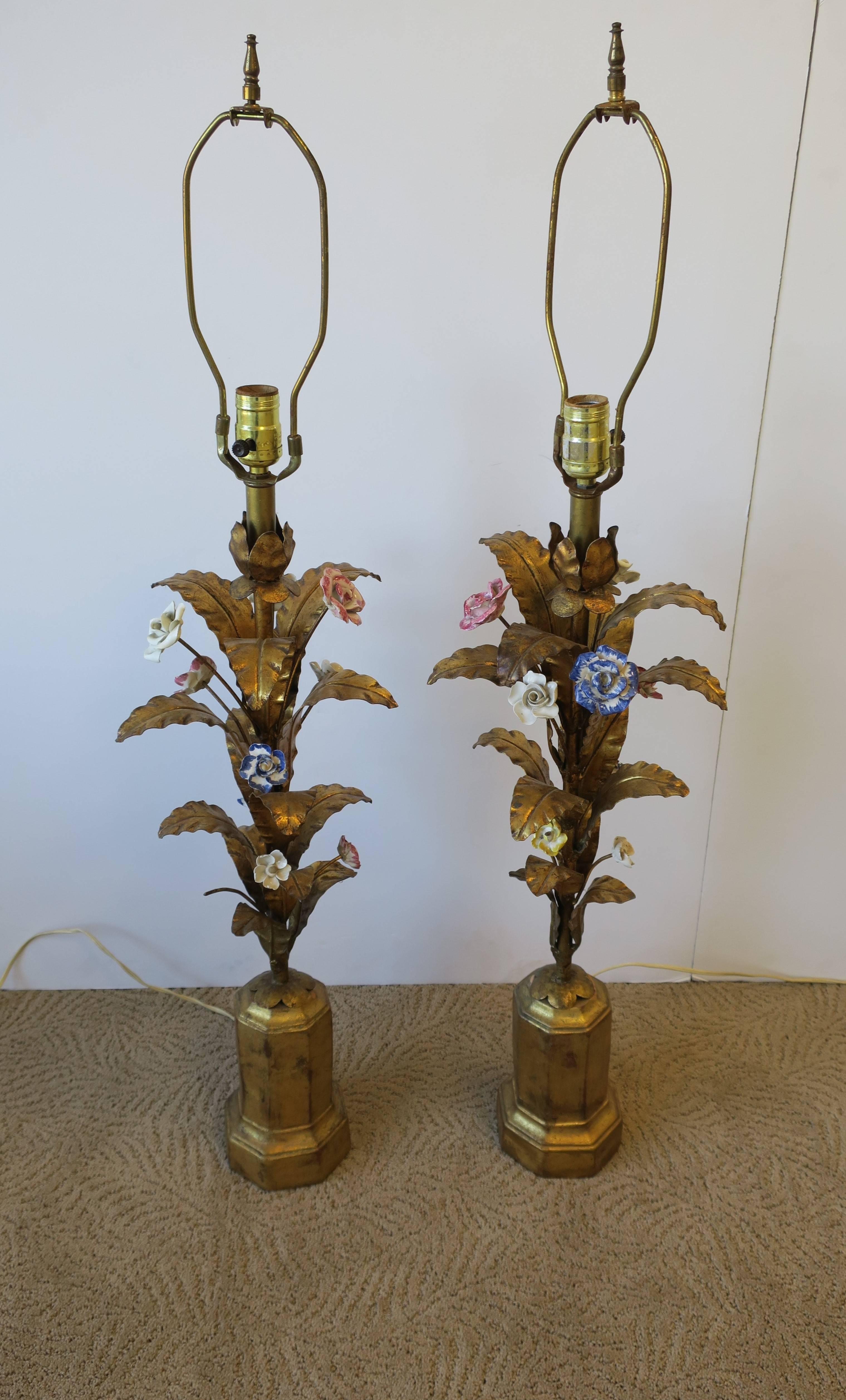 Metal Italian Gold Gilt Tole Table Lamps, Pair For Sale