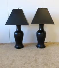 Black Ginger Jar Ceramic Pottery and Brass Table Lamps, Pair