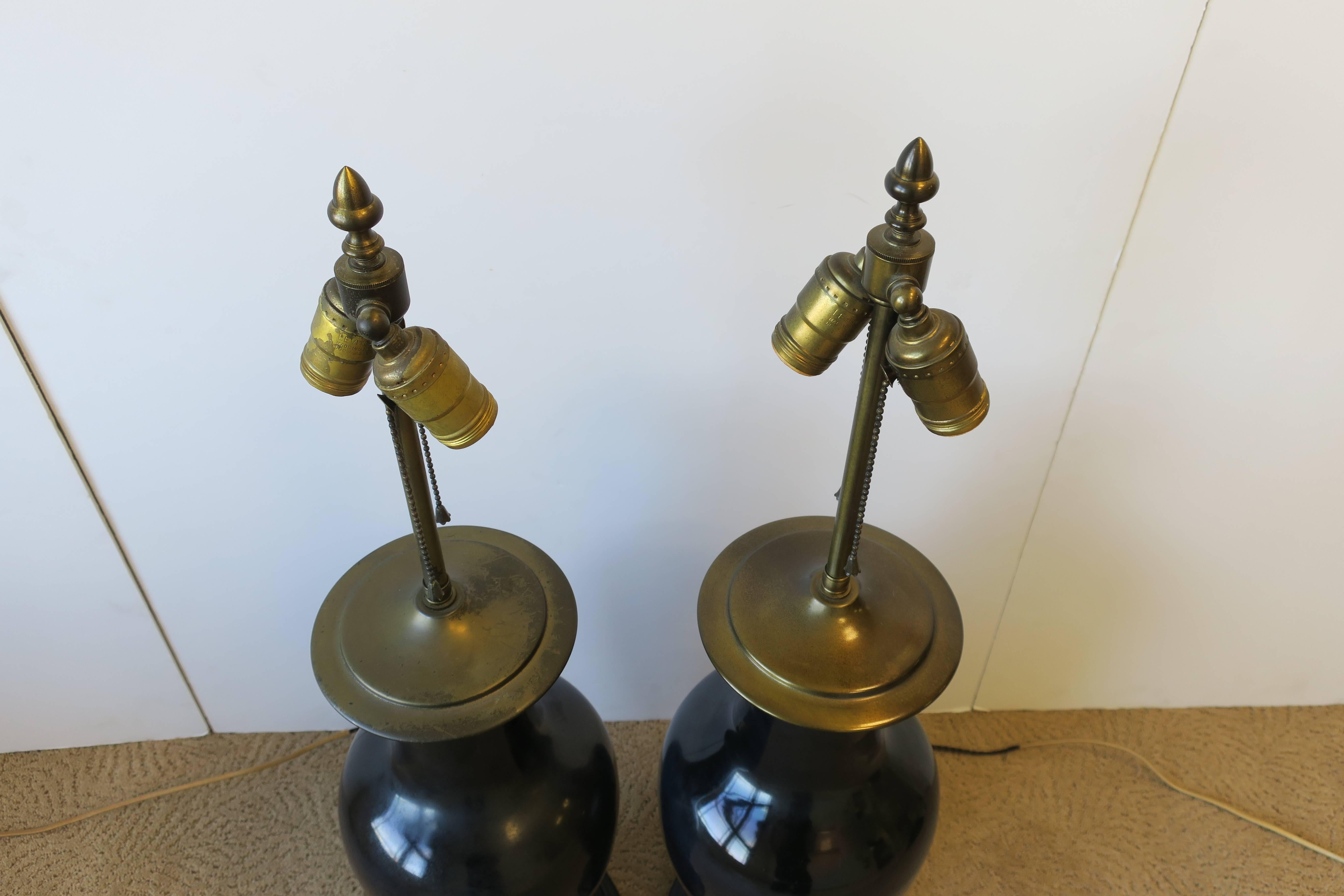 Black Ginger Jar Ceramic Pottery and Brass Table Lamps, Pair For Sale 1