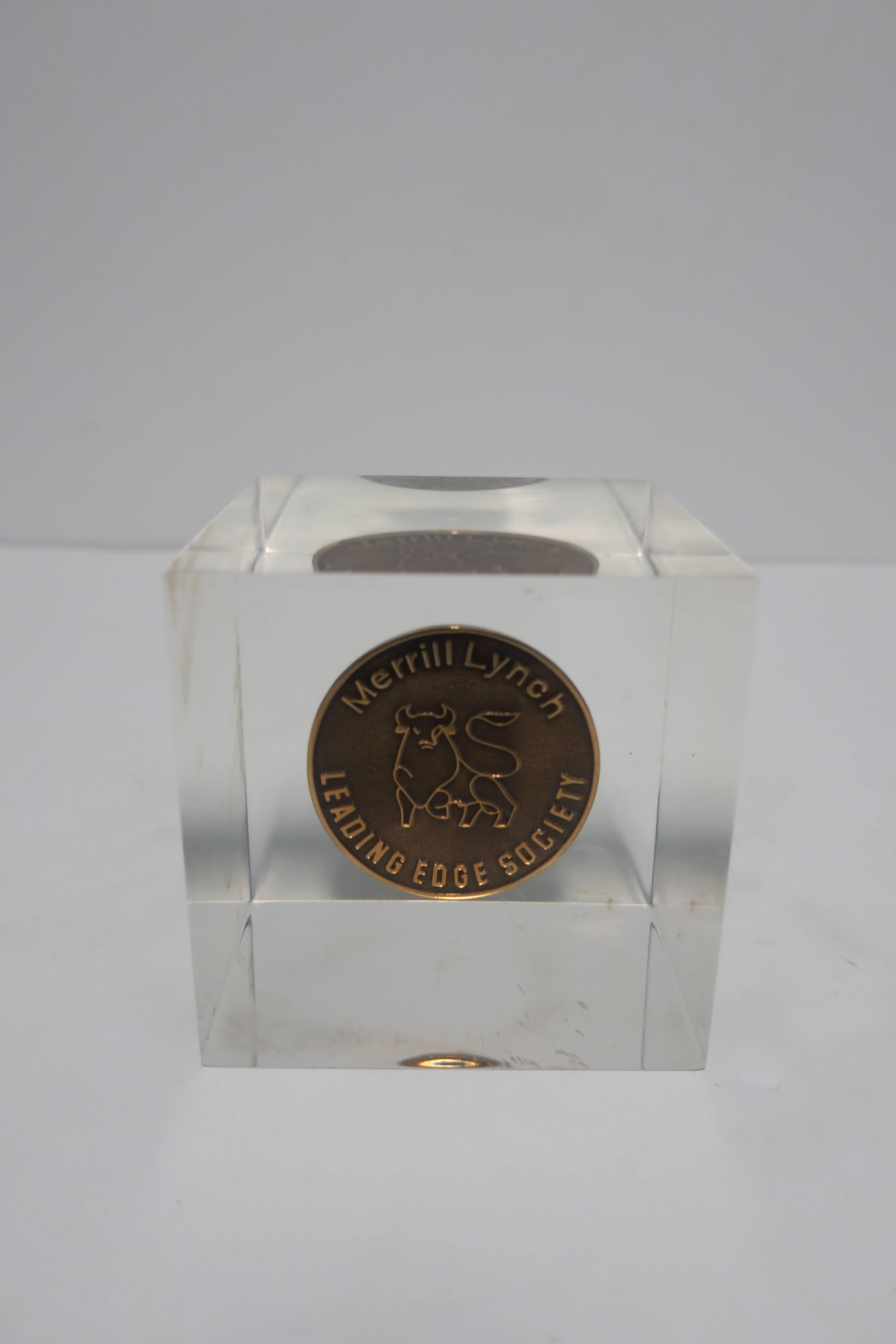 Copper Lucite and Gold Award Cube from Merrill Lynch For Sale
