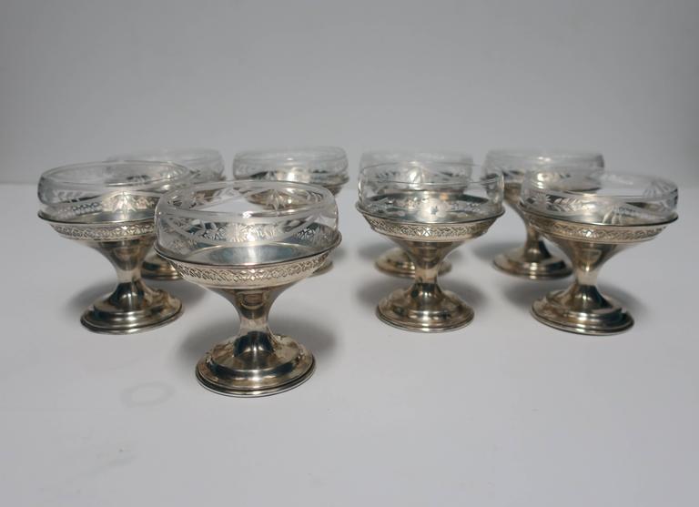 Set of 8 Sterling Silver and Crystal Champagne Coup or Dessert Glasses