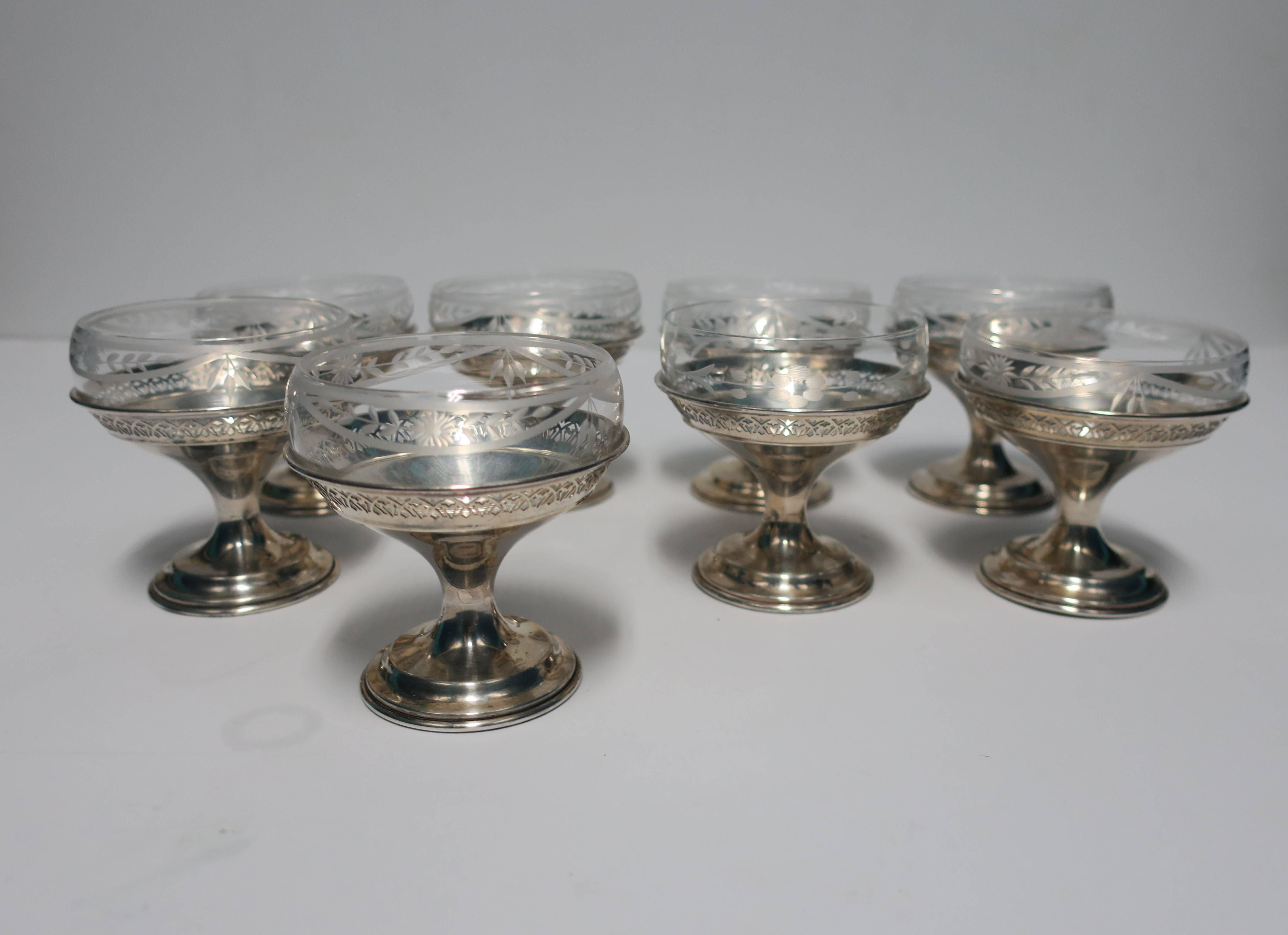 American Set of 8 Sterling Silver & Crystal Champagne Coup or Dessert Glasses 