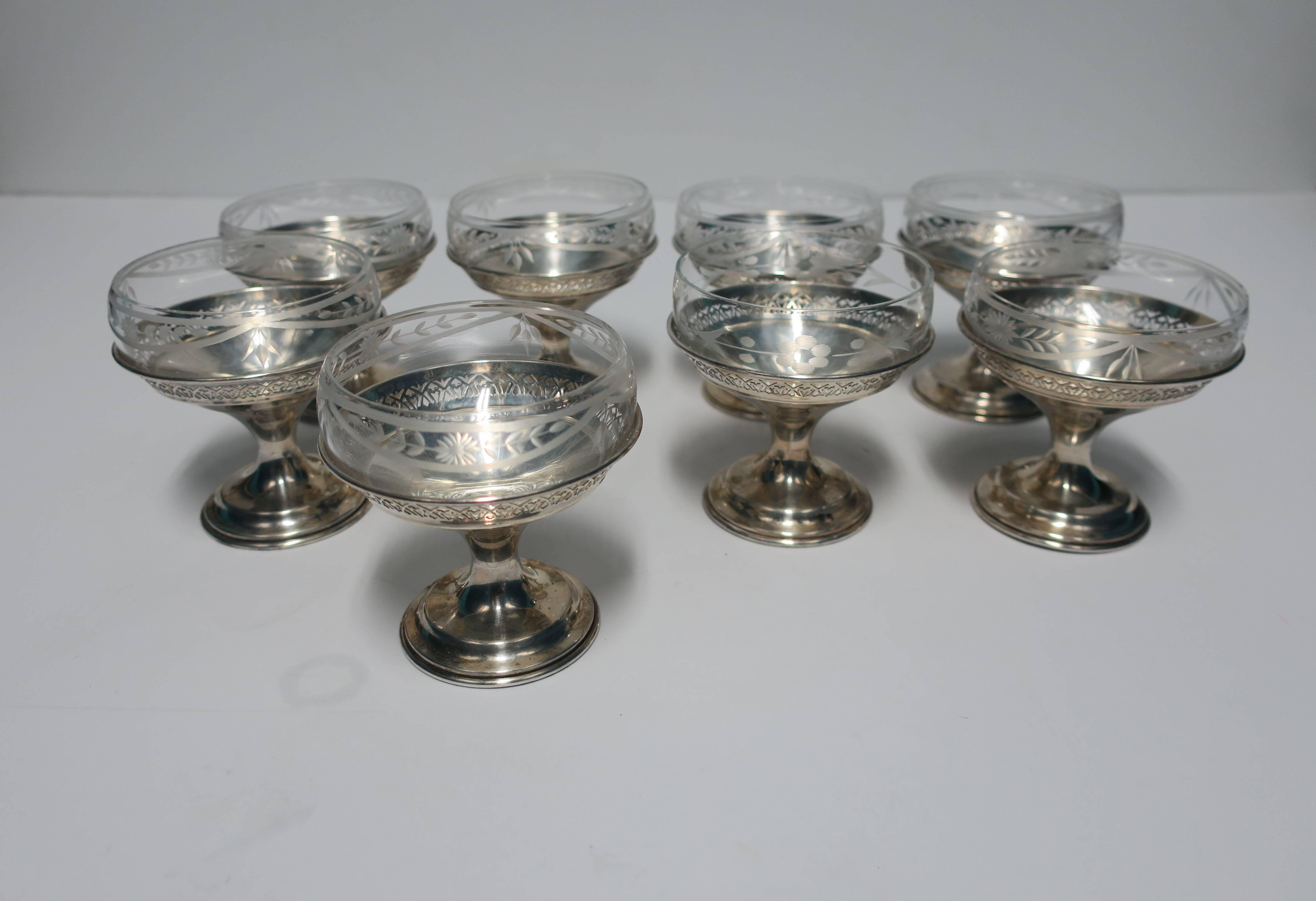 Etched Set of 8 Sterling Silver & Crystal Champagne Coup or Dessert Glasses 