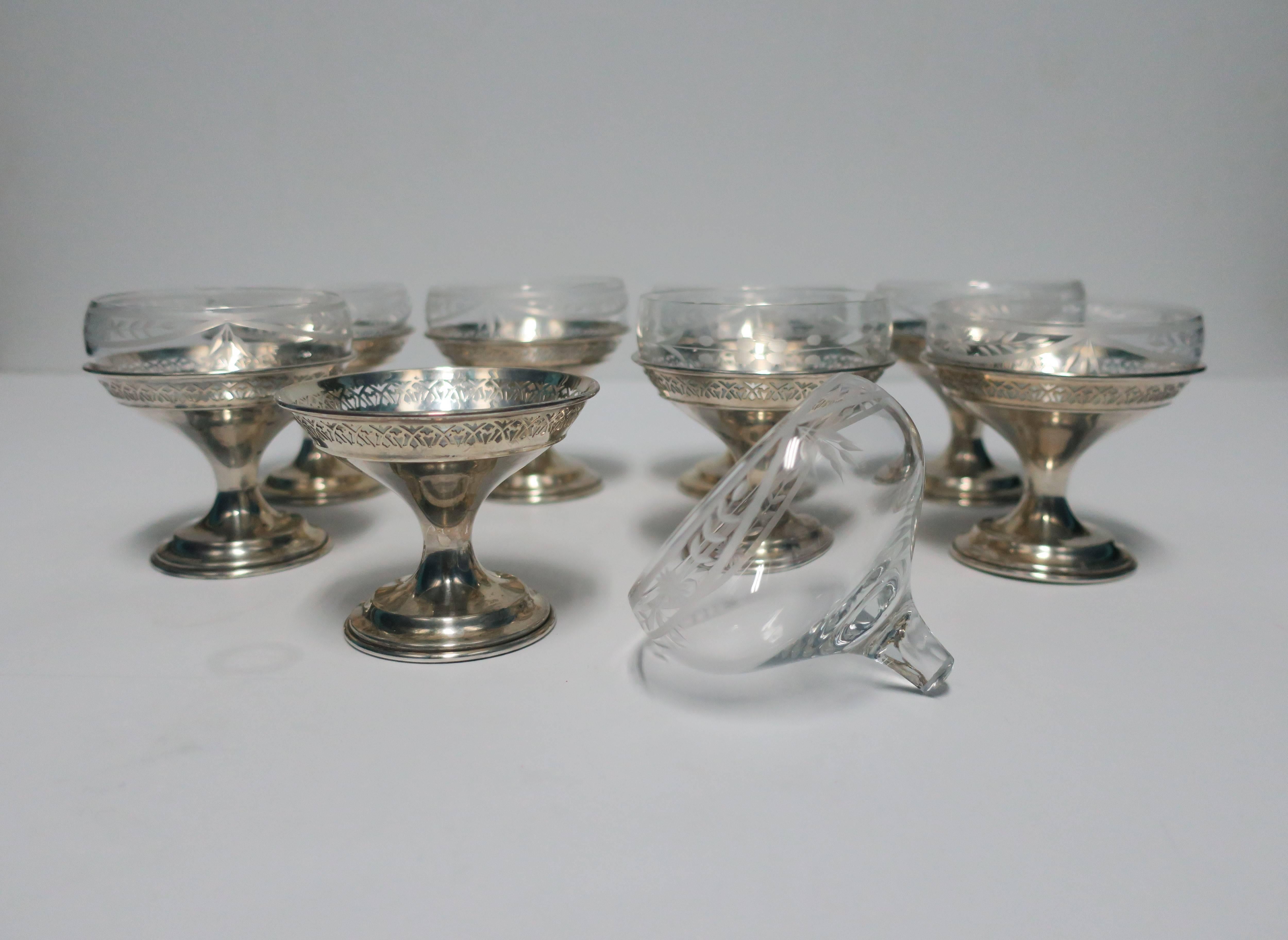 Set of 8 Sterling Silver & Crystal Champagne Coup or Dessert Glasses  In Excellent Condition In New York, NY