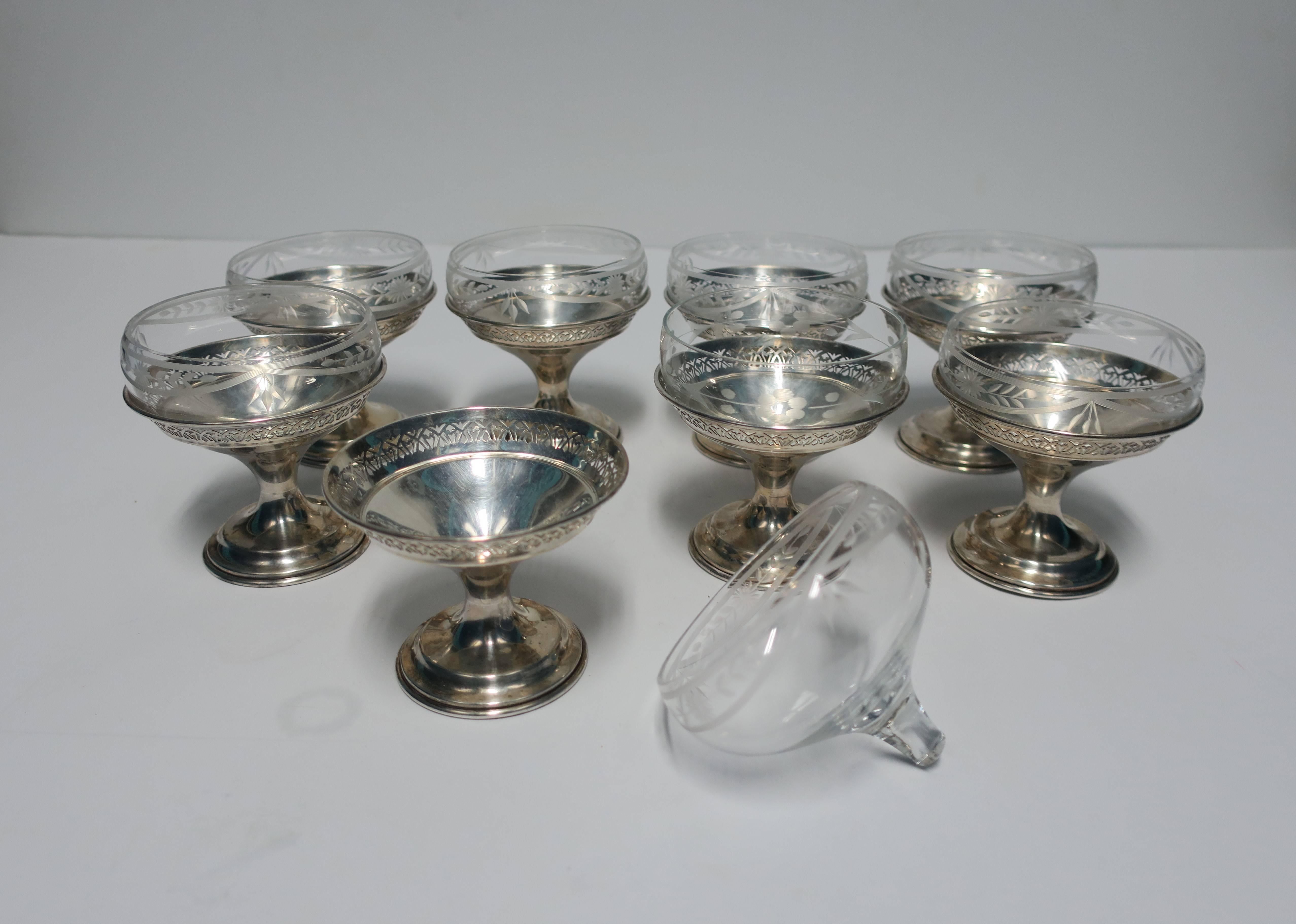 20th Century Set of 8 Sterling Silver & Crystal Champagne Coup or Dessert Glasses 