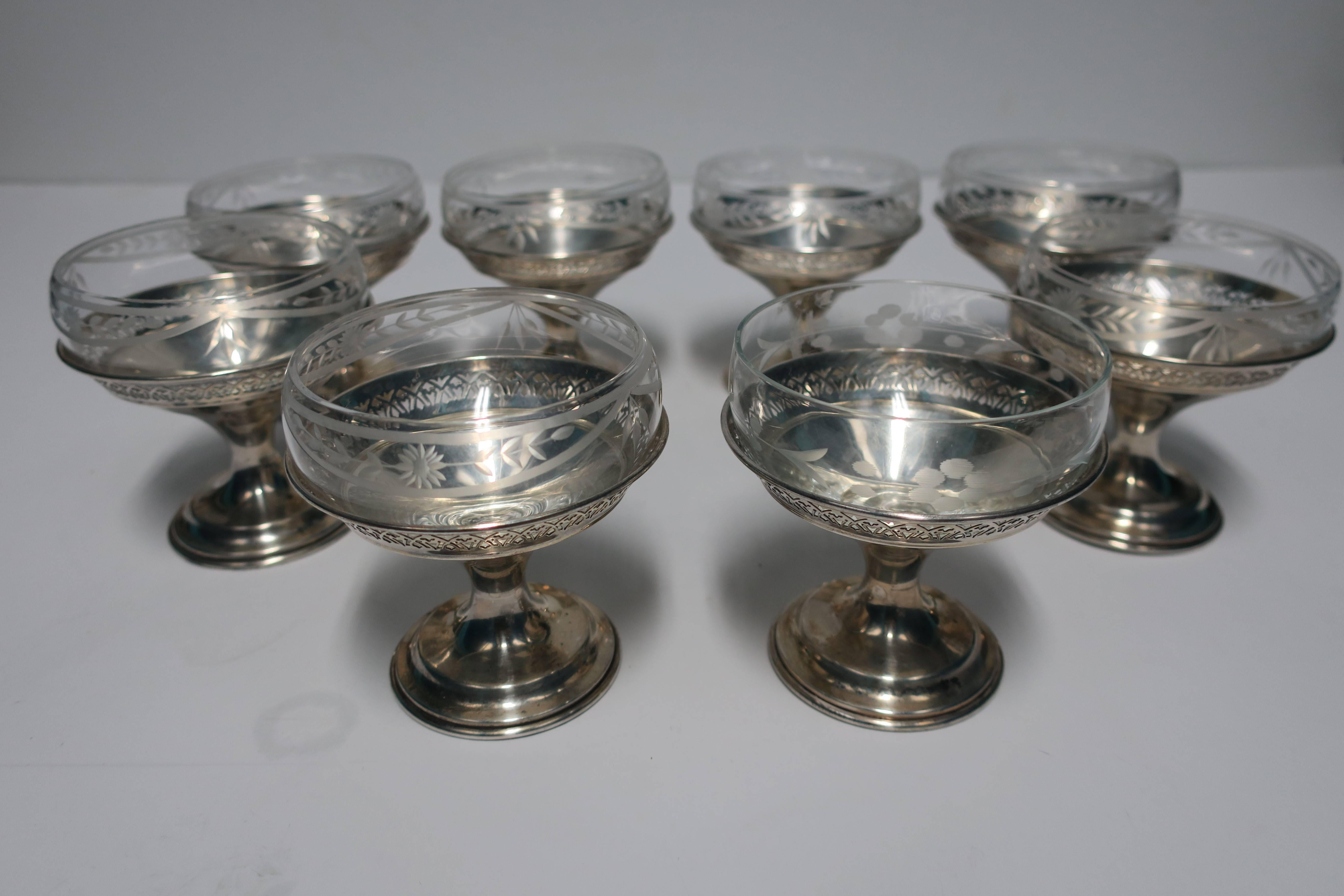 Set of 8 Sterling Silver & Crystal Champagne Coup or Dessert Glasses  1