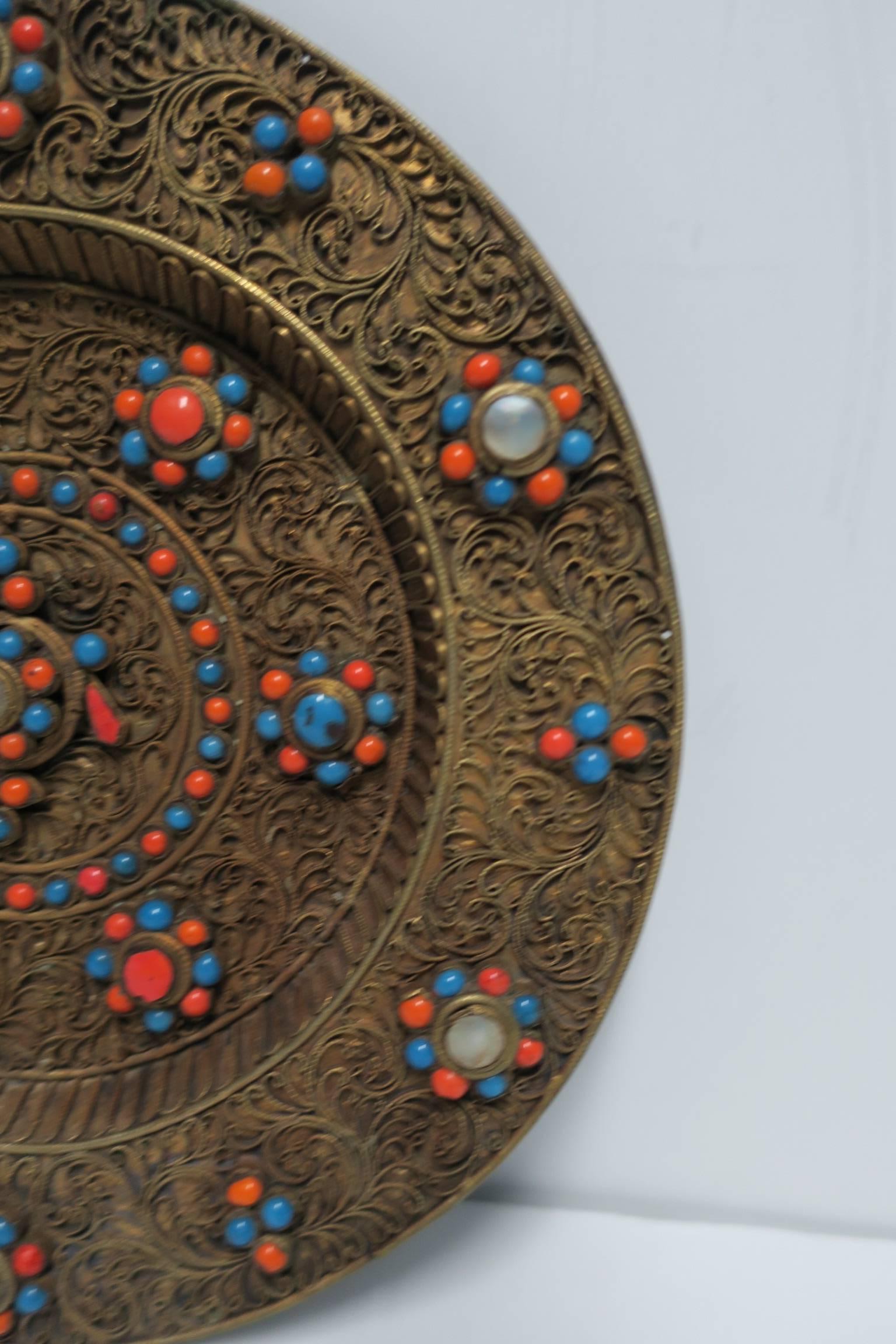 Brass and Mother of Pearl Decorative Wall Plate, Nepalese In Good Condition For Sale In New York, NY