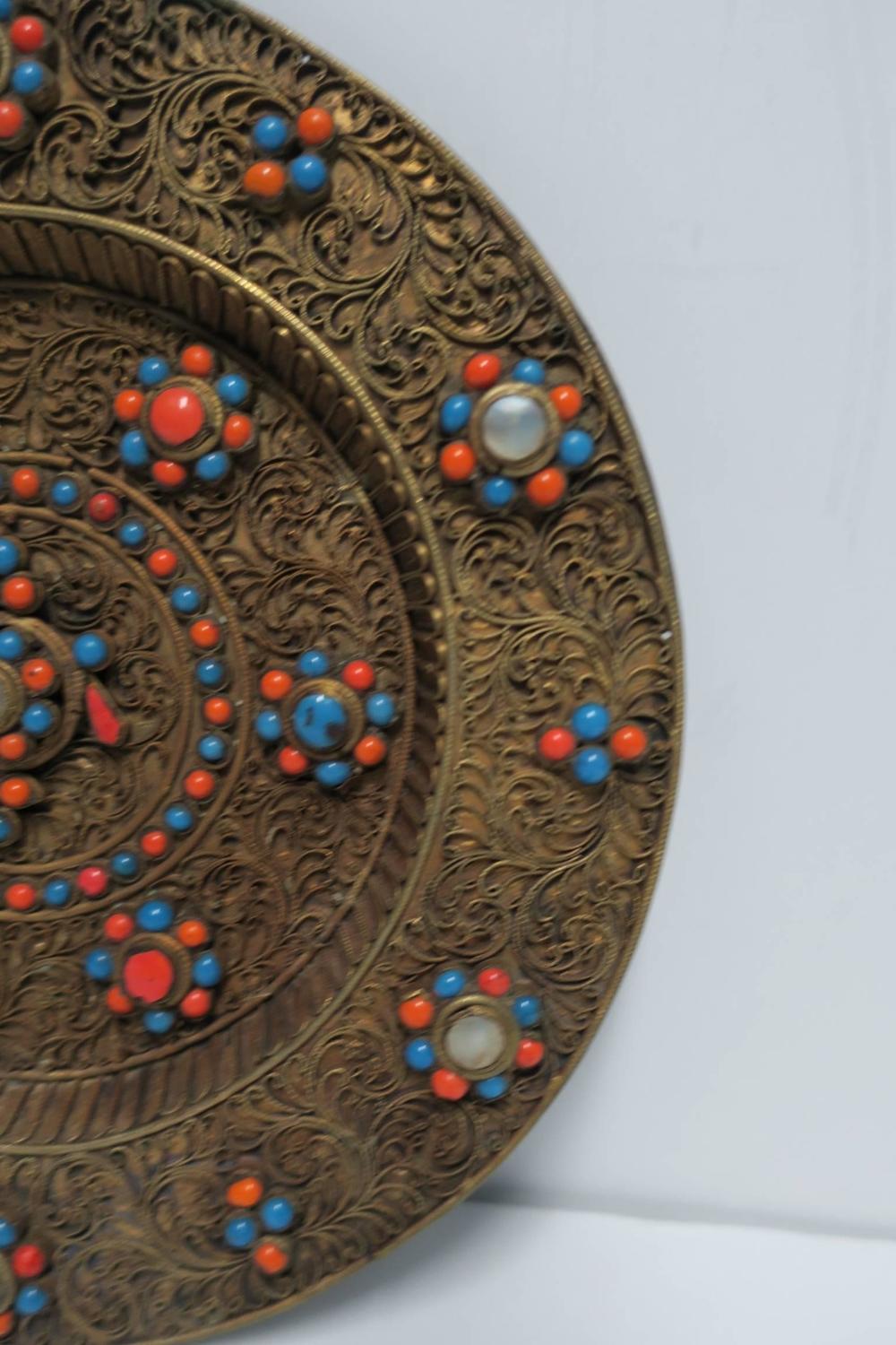 Antique Brass and Mother of Pearl Decorative Plate, Nepal For Sale at