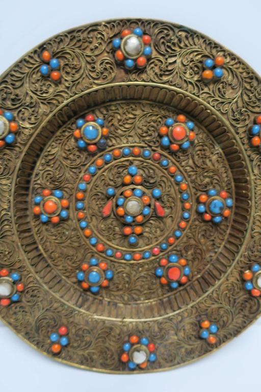 Nepalese Brass and Mother of Pearl Decorative Plate For Sale at 1stdibs
