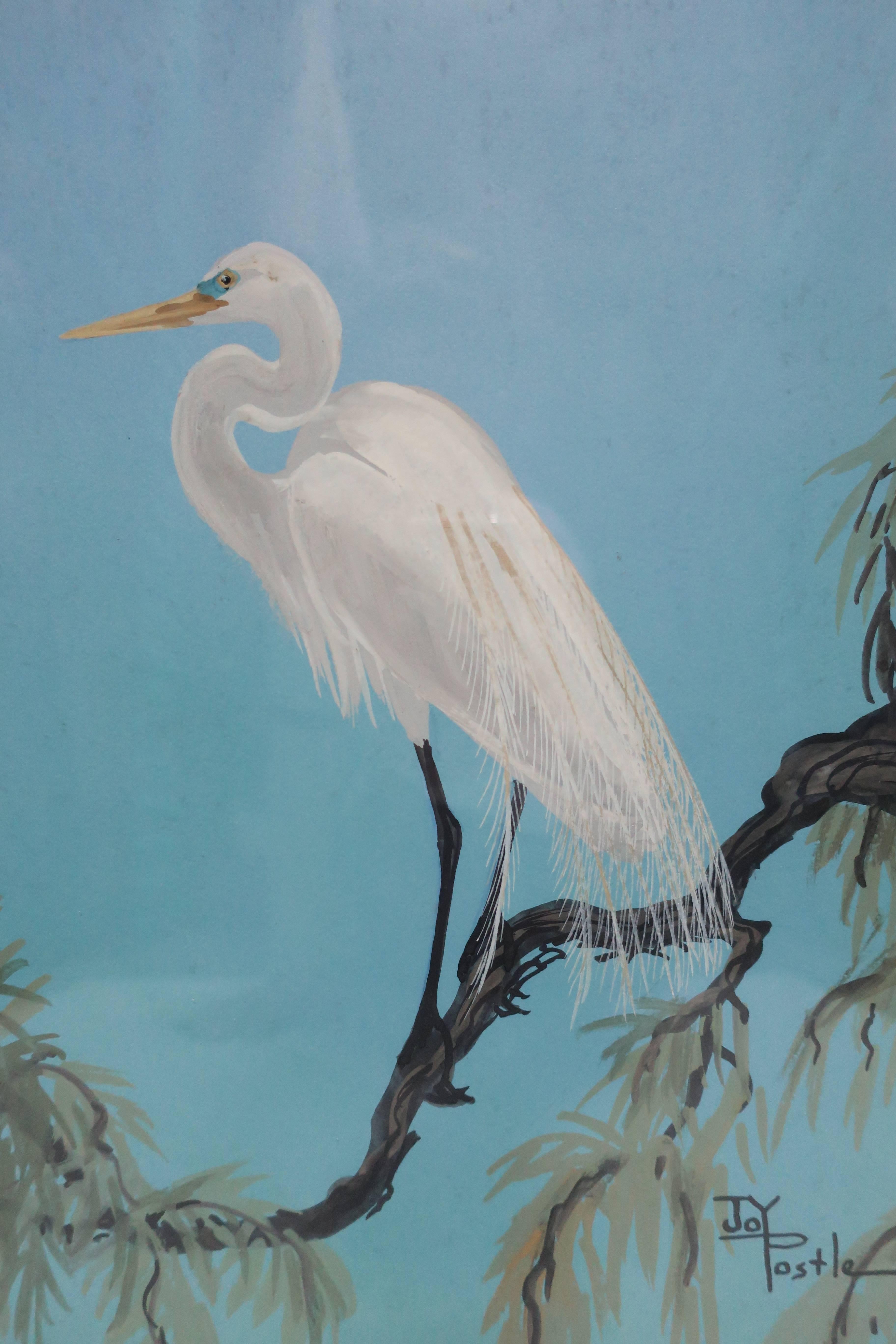 American Signed Vintage White Egret Bird Painting by Artist Joy Postle