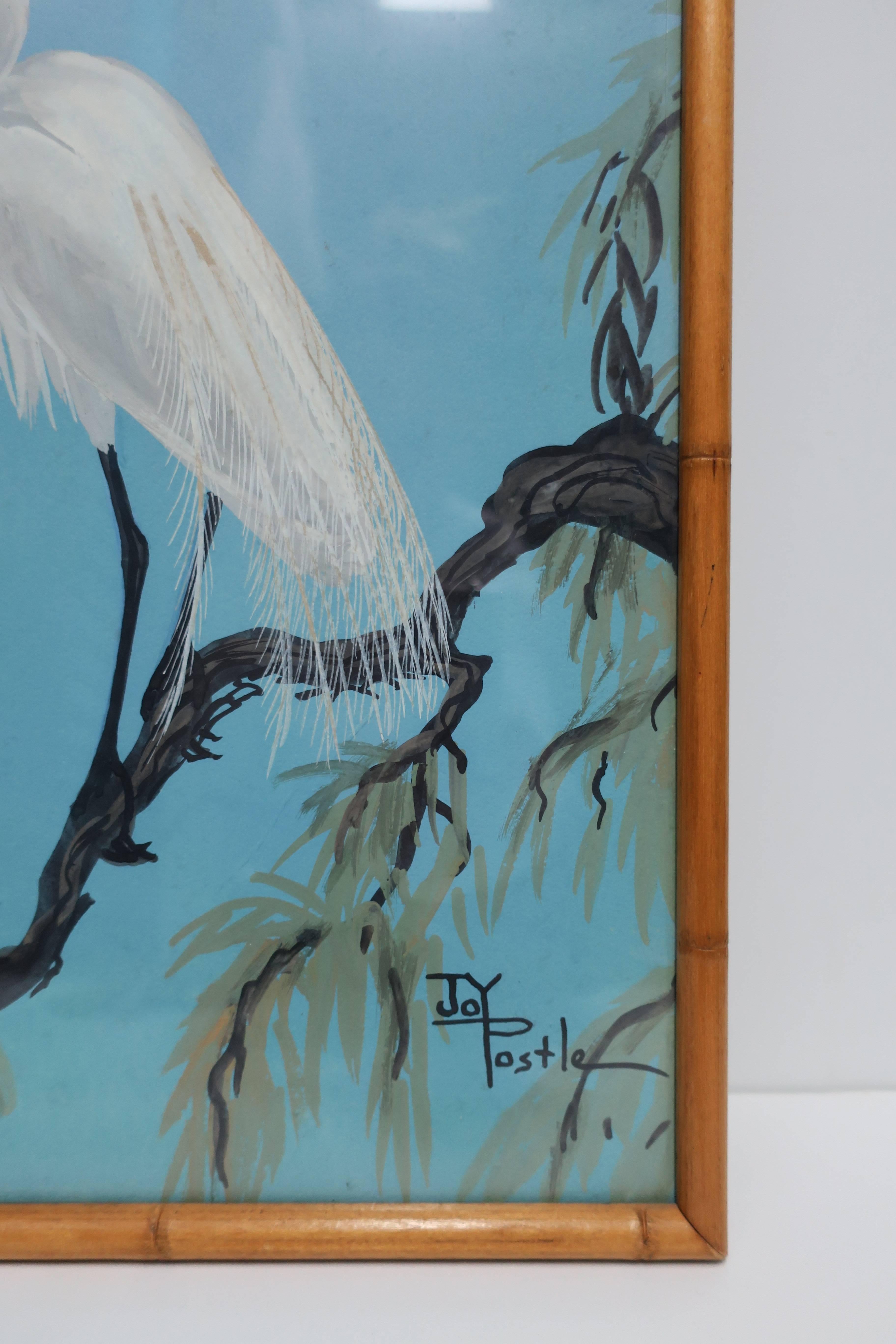 Signed Vintage White Egret Bird Painting by Artist Joy Postle 1
