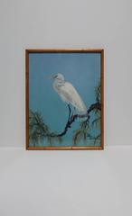 Signed Vintage White Egret Bird Painting by Artist Joy Postle