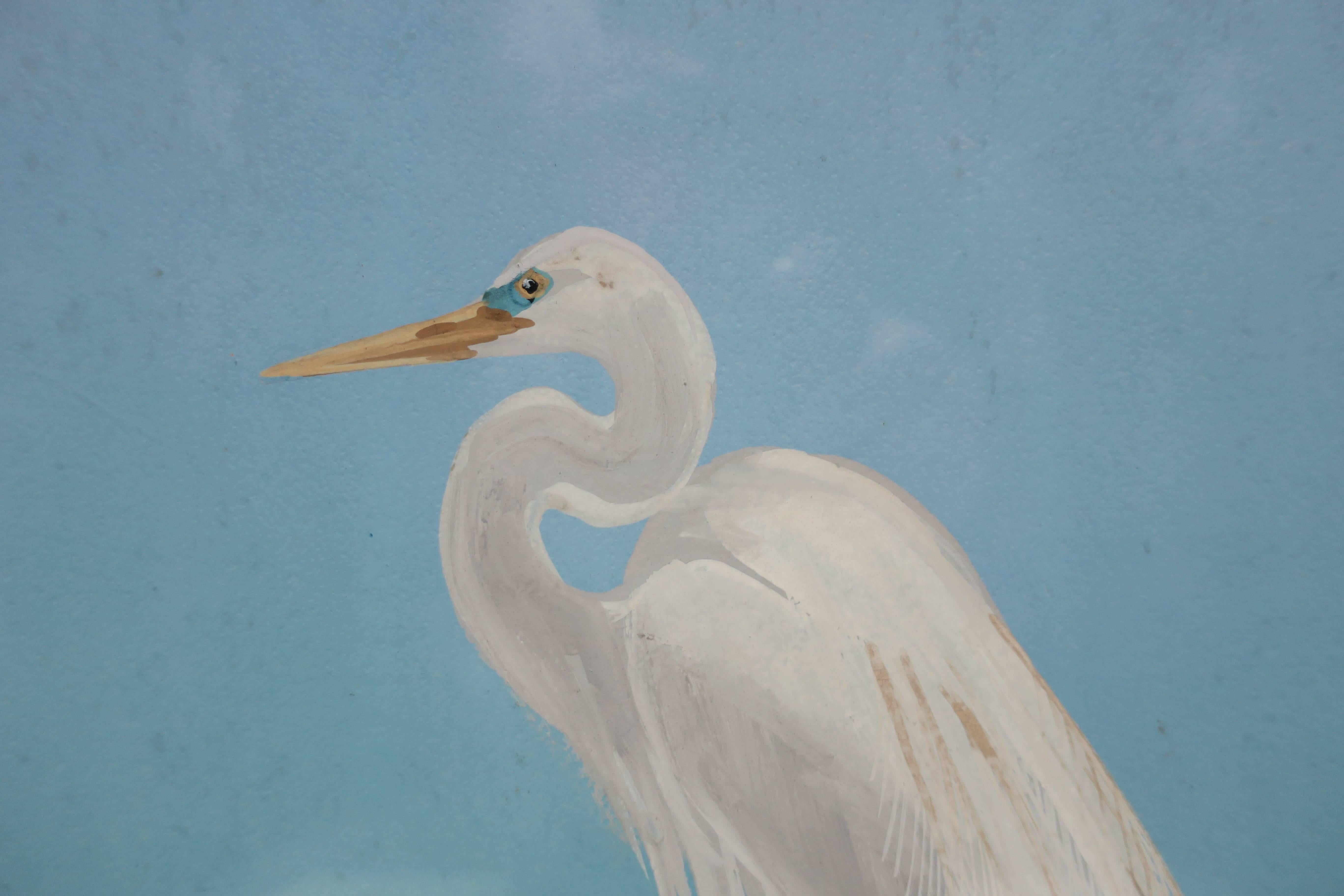 Signed Vintage White Egret Bird Painting by Artist Joy Postle In Excellent Condition In New York, NY