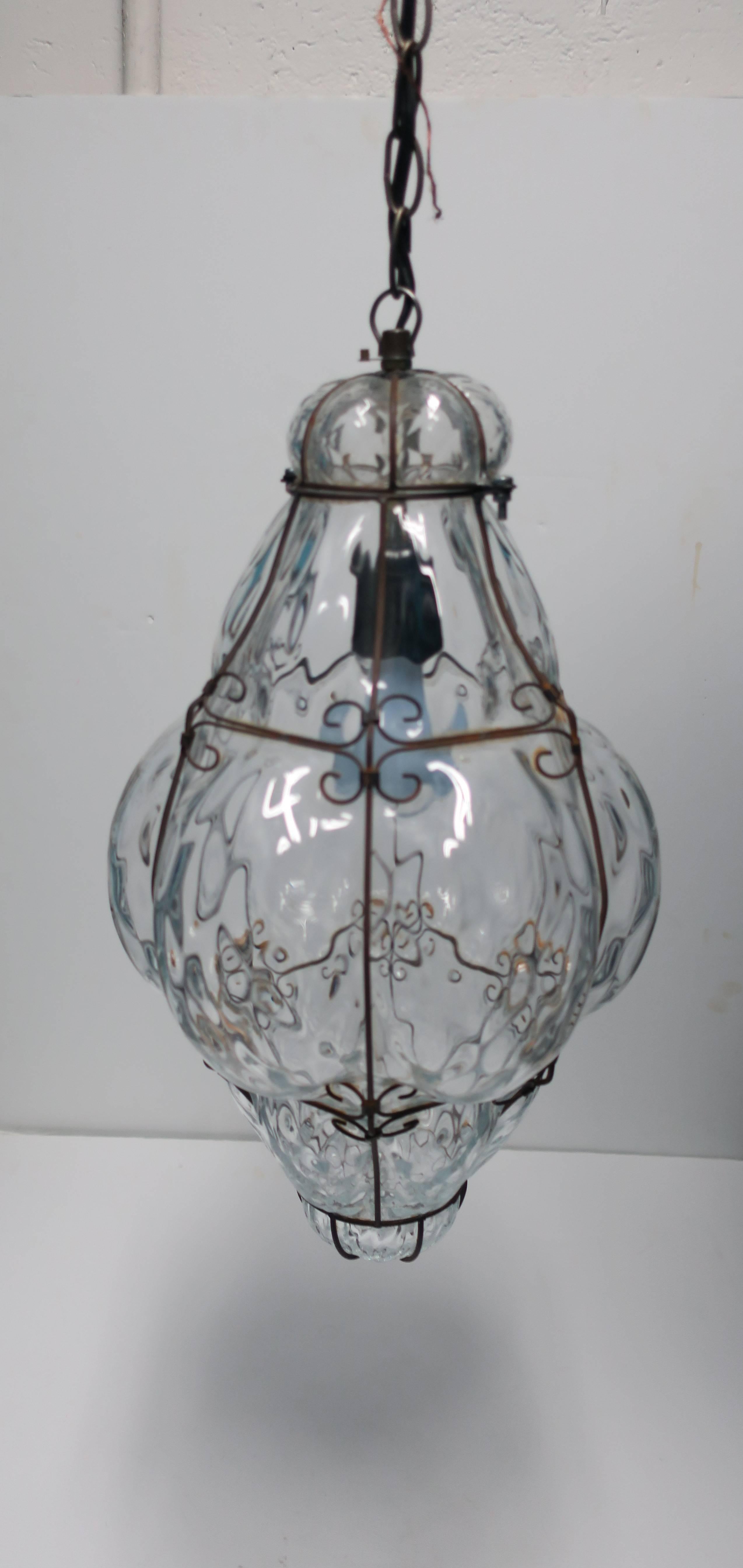 Italian Glass Lantern Pendant Light, Large In Good Condition For Sale In New York, NY