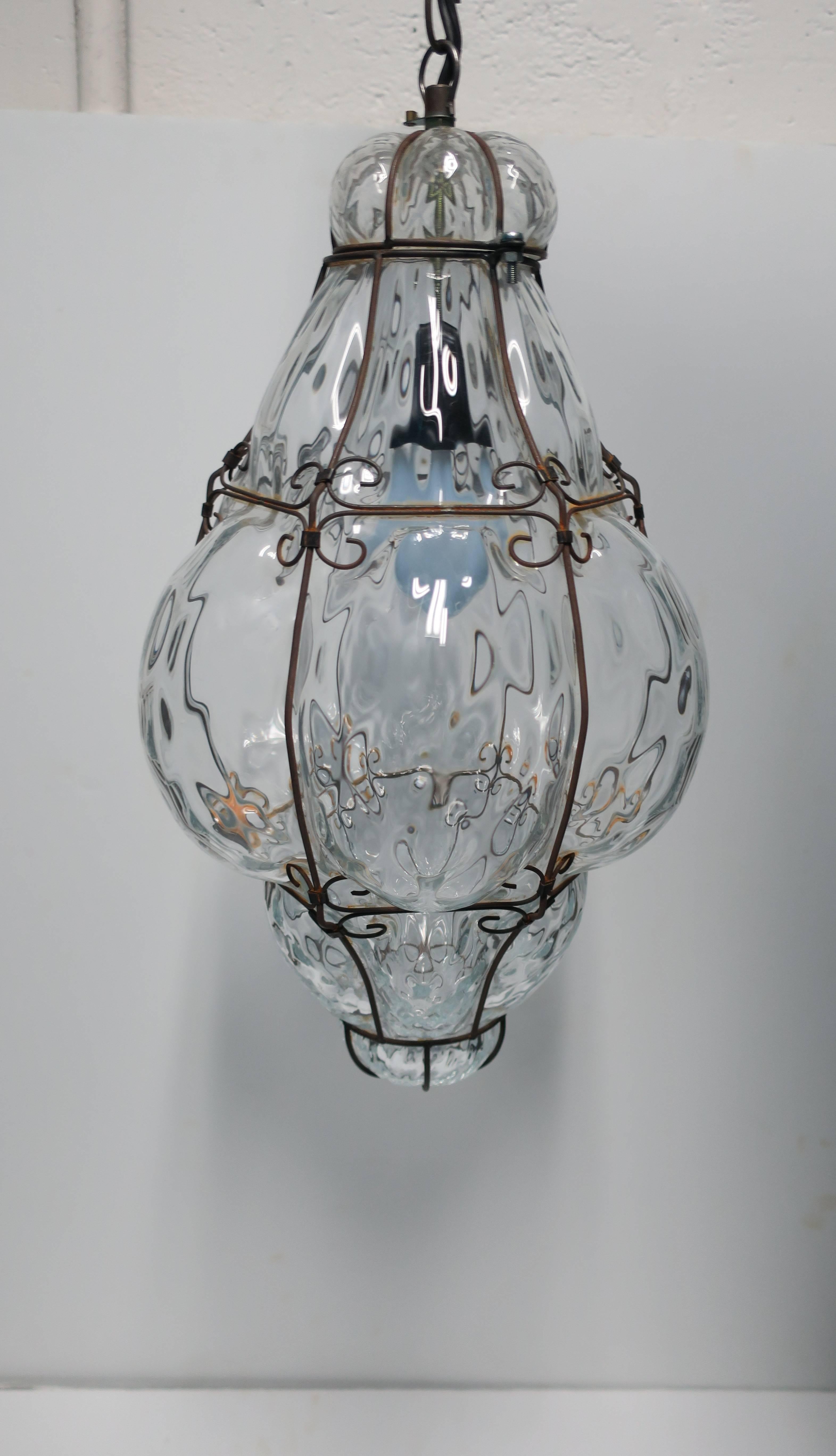 Italian Glass Lantern Pendant Light, Large For Sale 3
