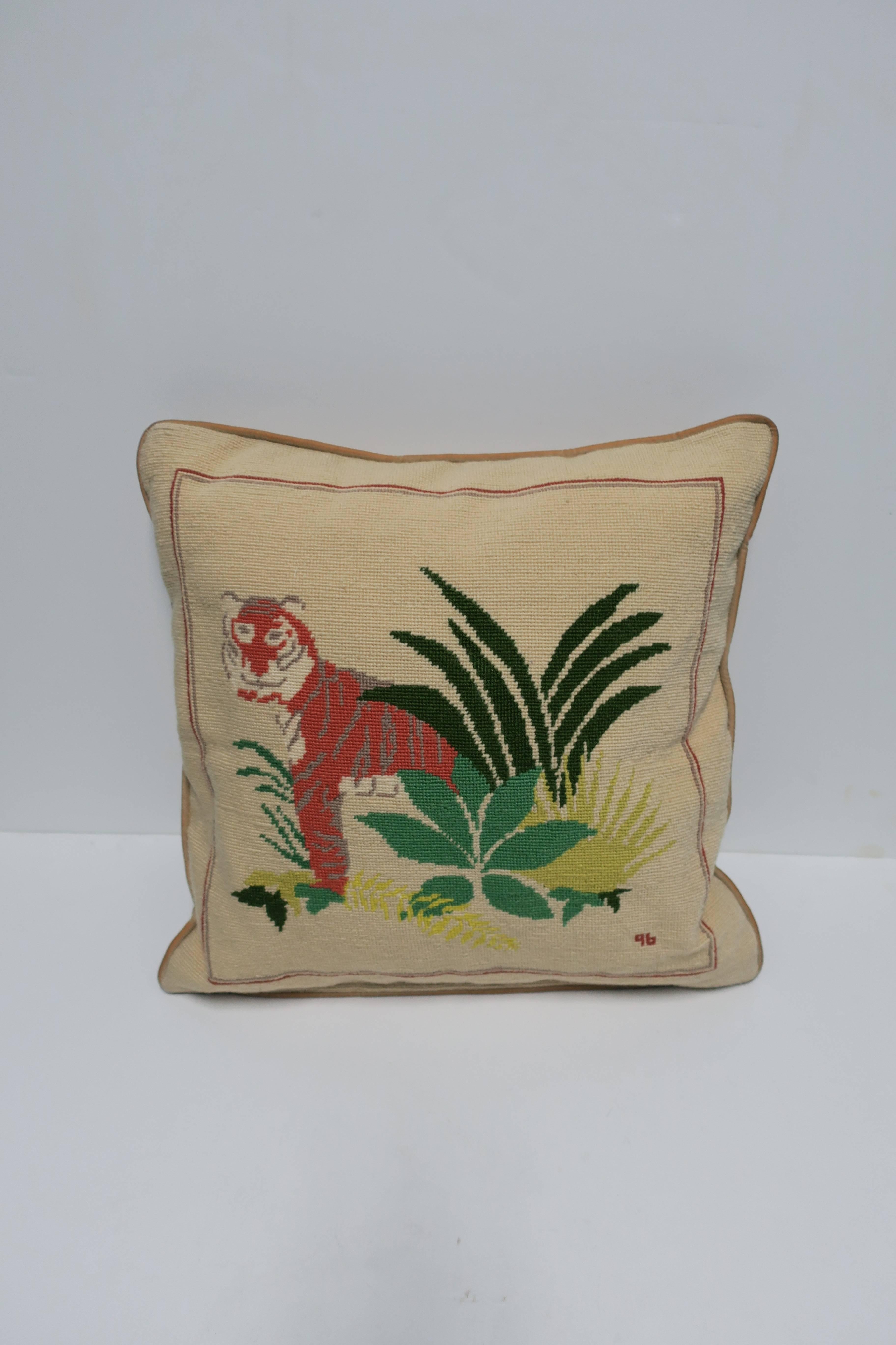 American Art Deco Tiger Cat Needlepoint Accent Pillow, ca. 1990s