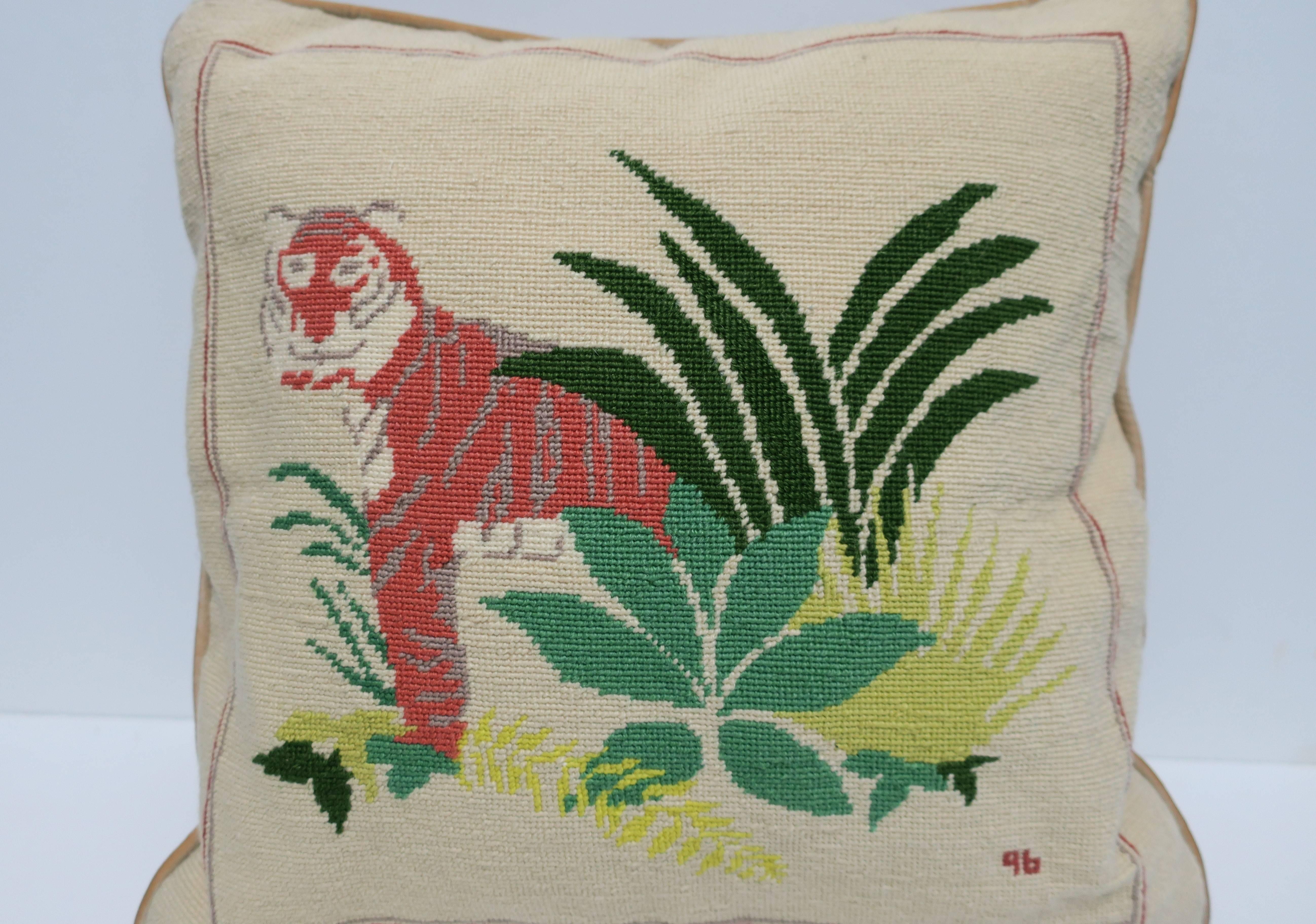 Art Deco Tiger Cat Needlepoint Accent Pillow, ca. 1990s In Good Condition In New York, NY