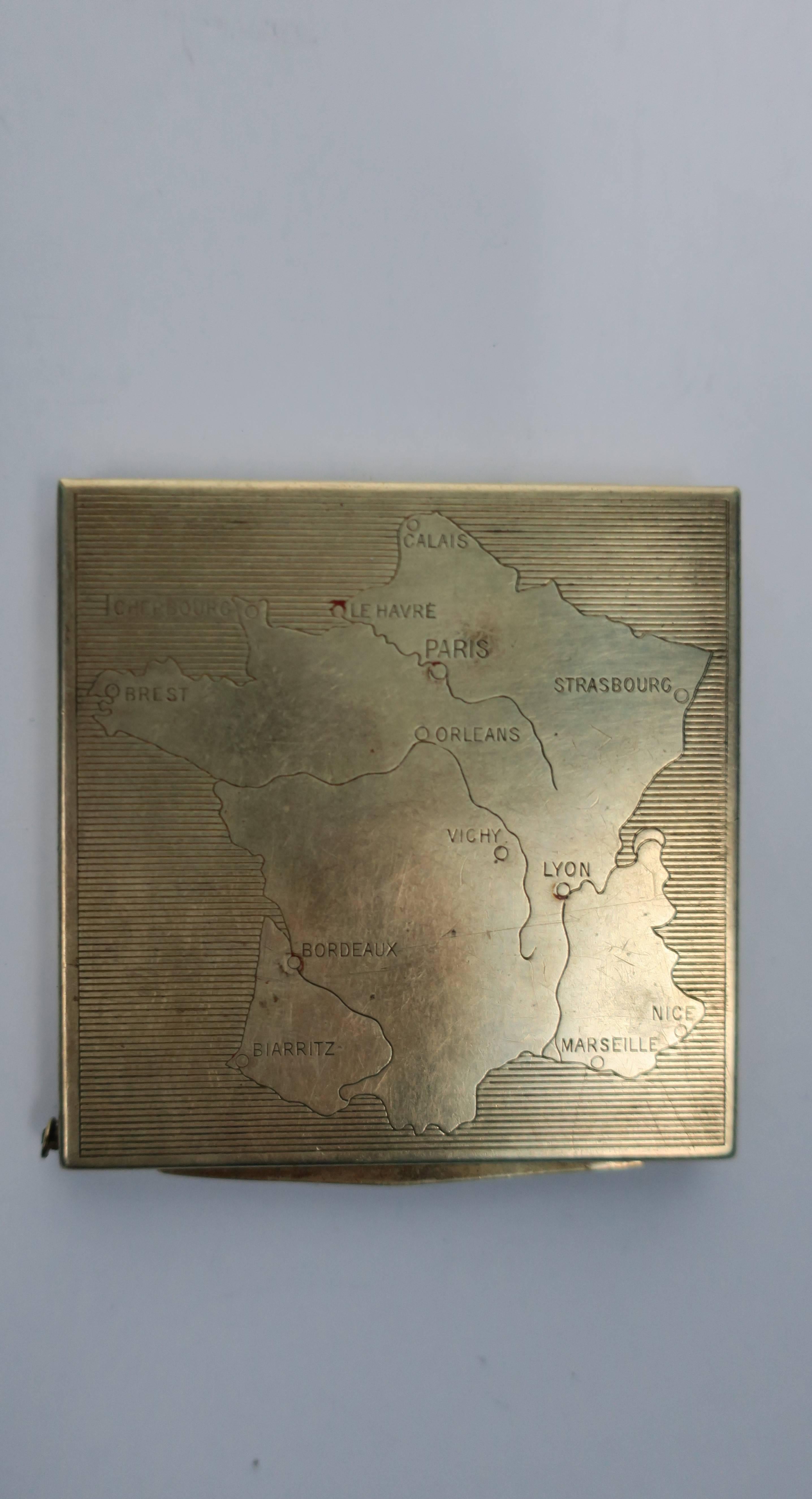 Embossed Vintage Brass and Mirror Compact Case or Box with Map of France
