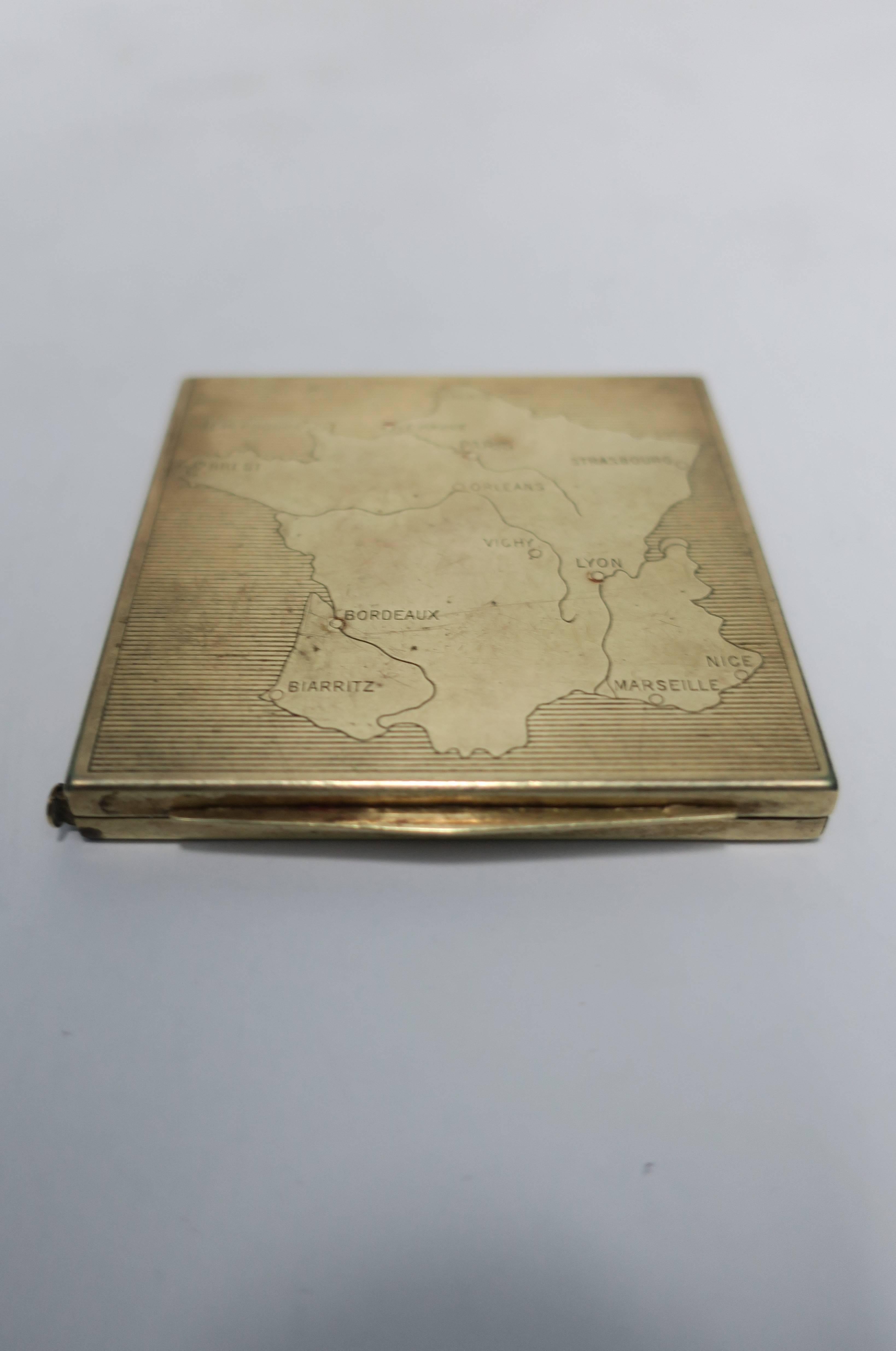 French Vintage Brass and Mirror Compact Case or Box with Map of France