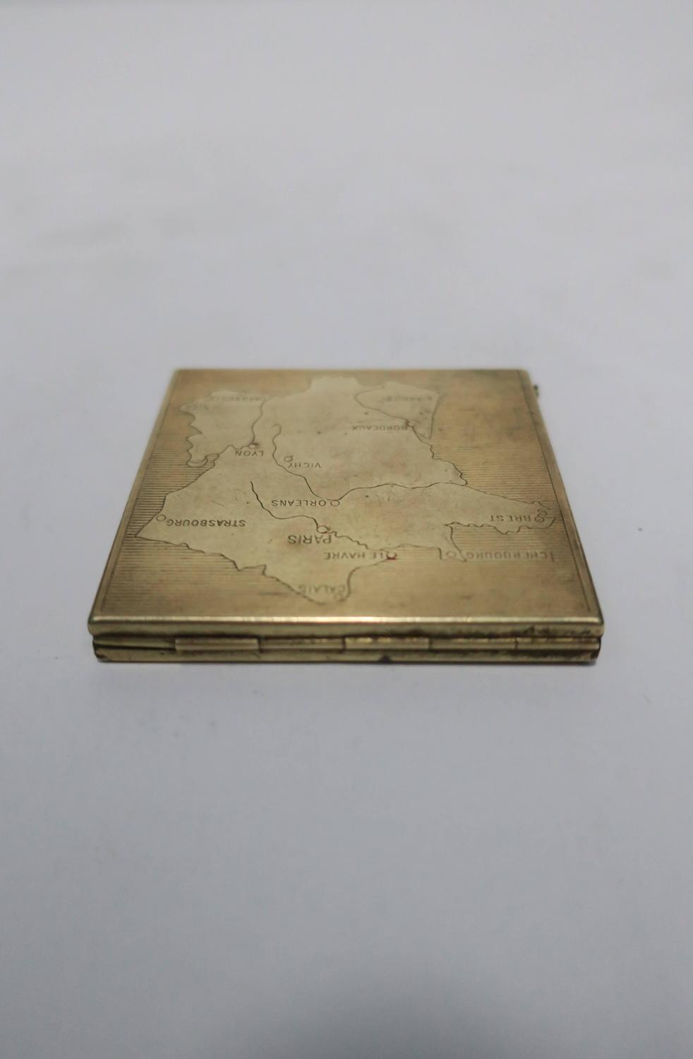Vintage Brass and Mirror Compact Case or Box with Map of France For