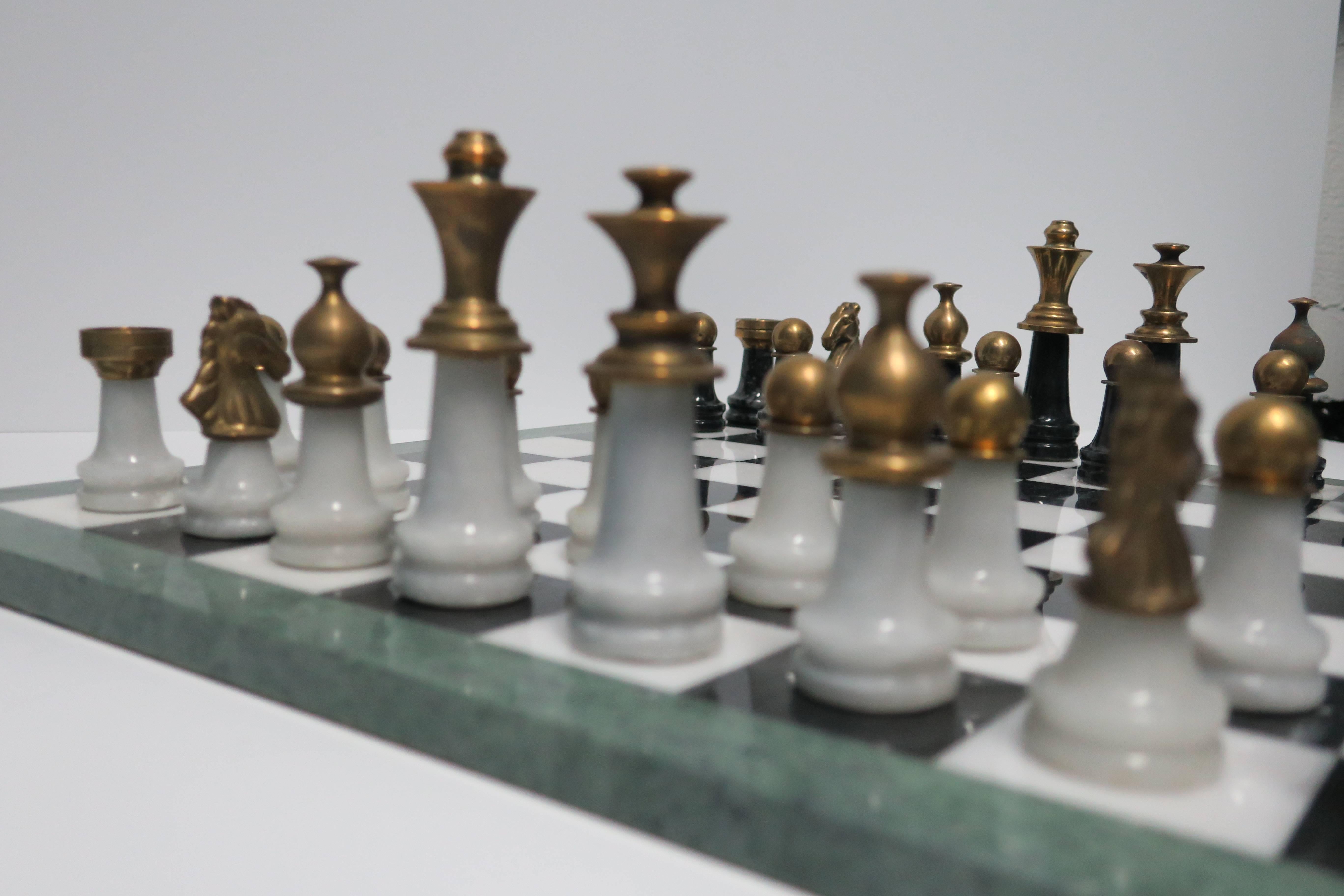 Late 20th Century Modern Italian Black and White Marble and Brass Chess Game Set