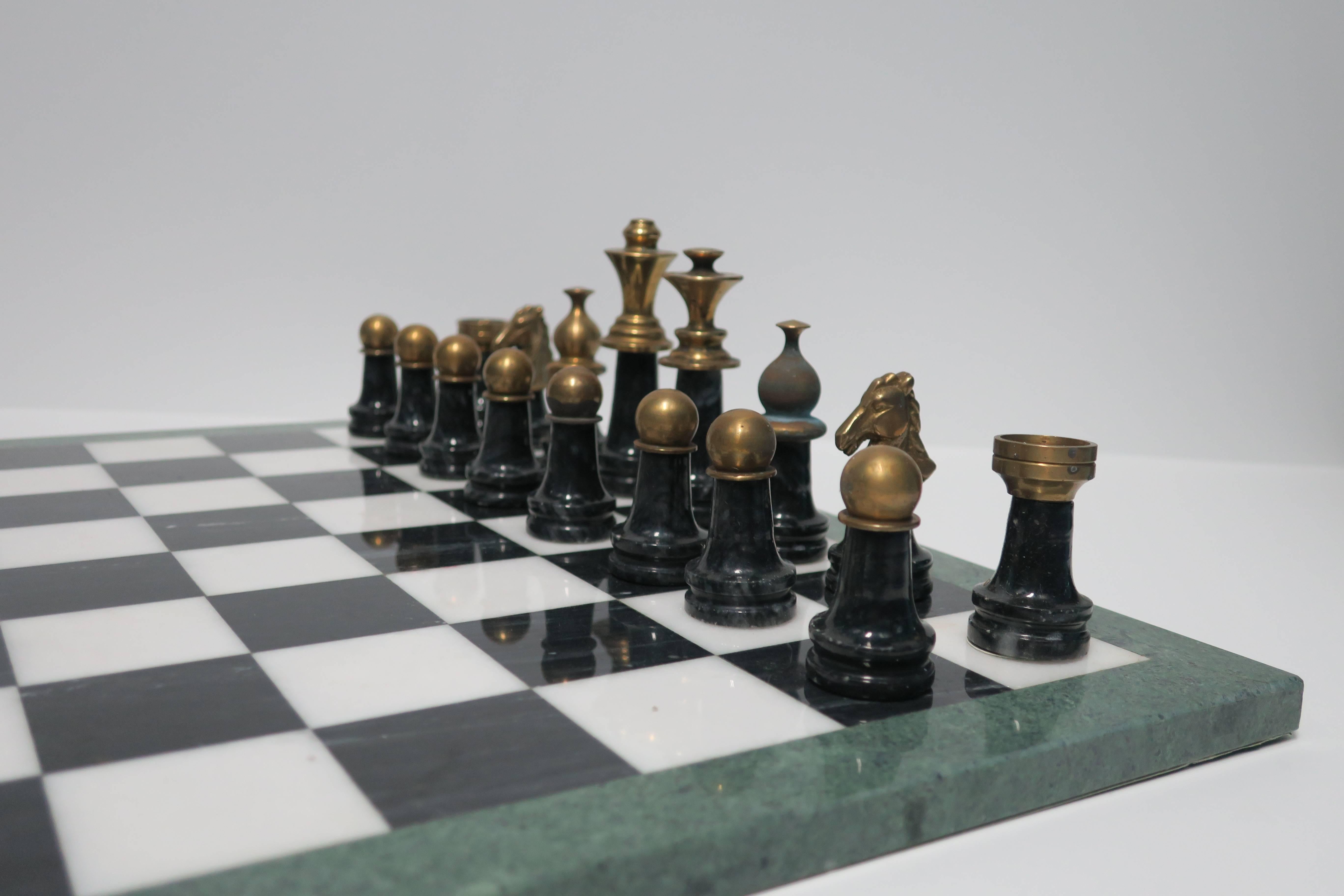 Modern Italian Black and White Marble and Brass Chess Game Set 1
