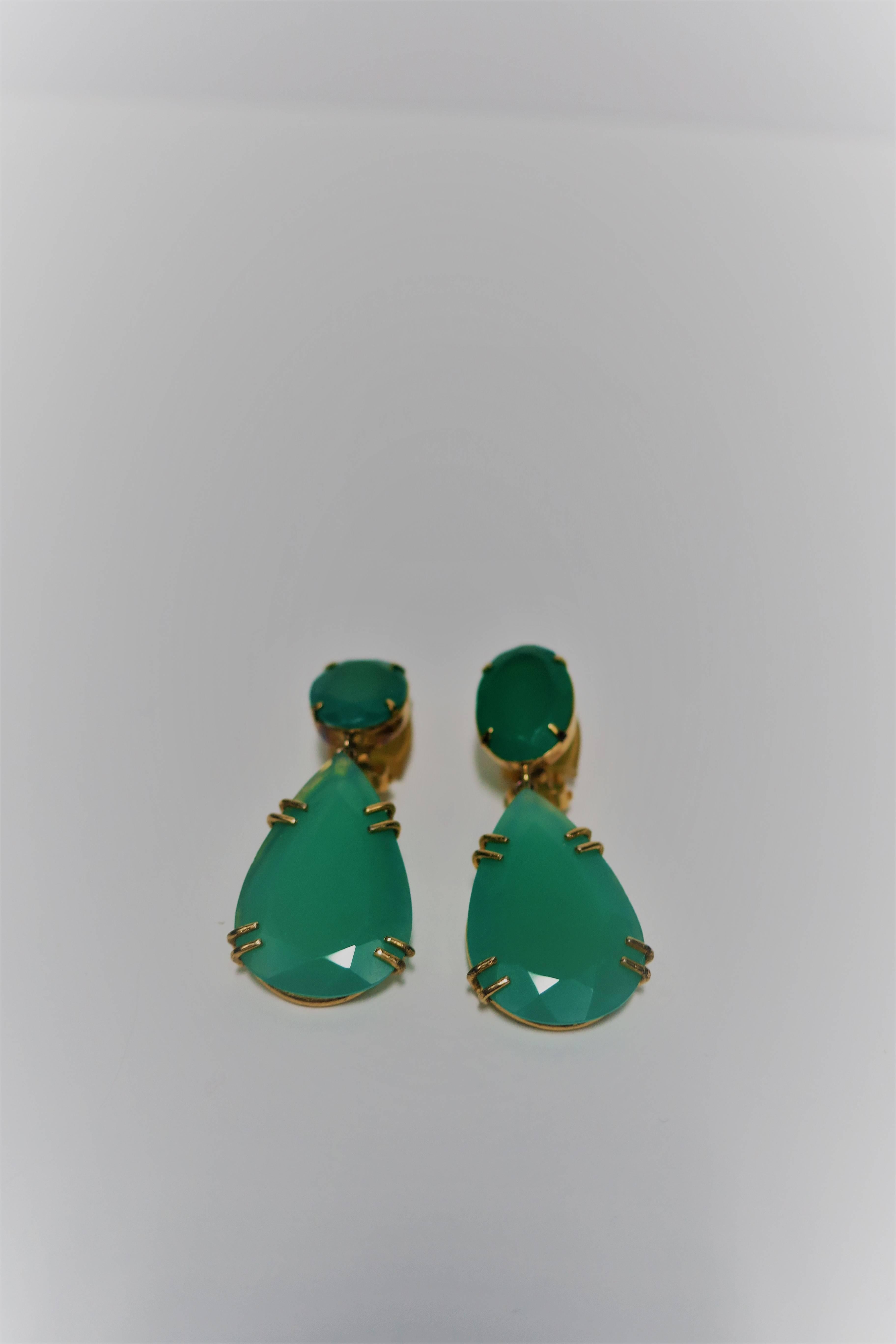 Gilt Emerald Green Chrysoprase Drop Earrings, Large, Pair