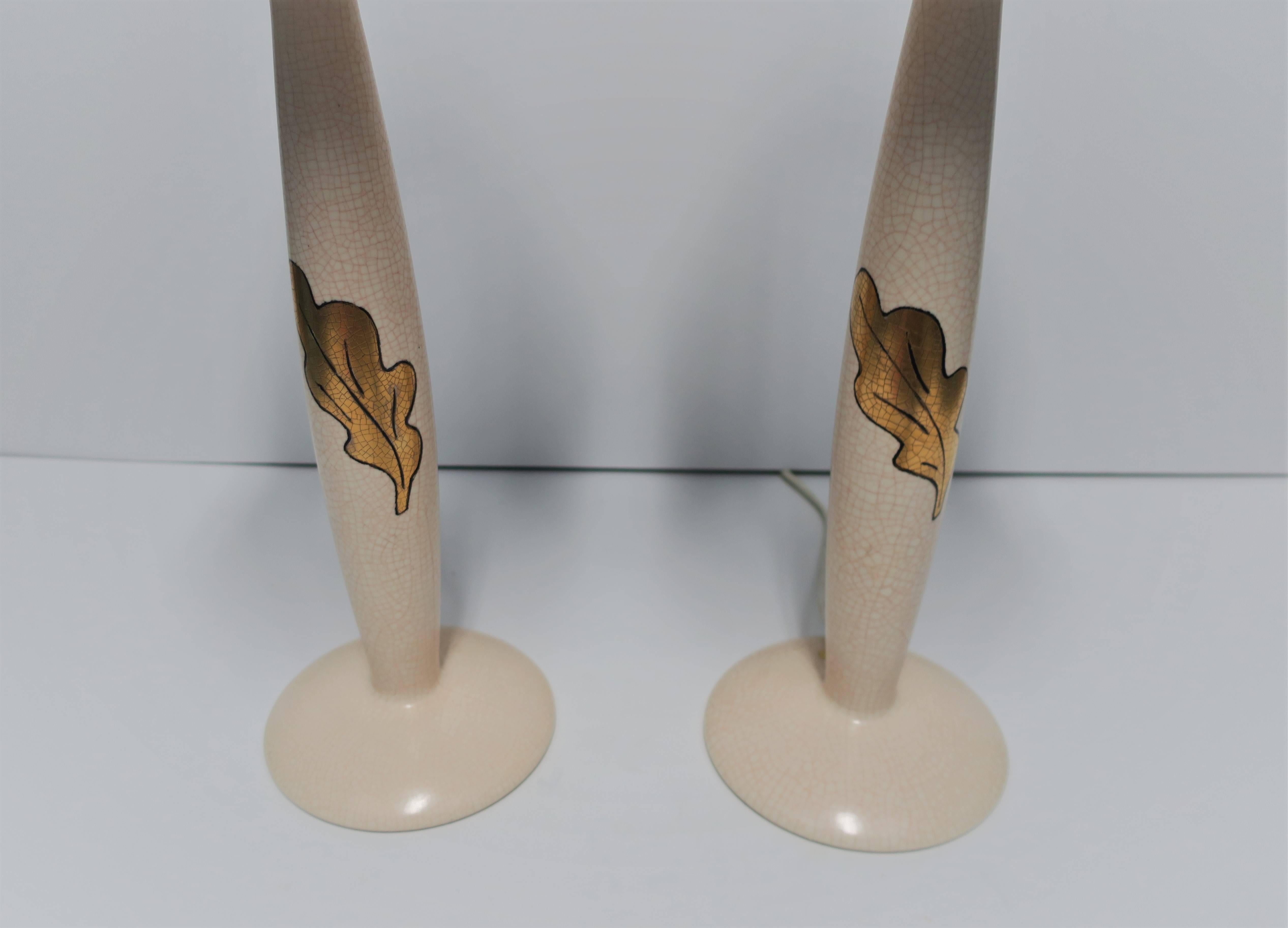 French Ceramic Desk or Table Lamps with Gold Acanthus Leaf, Pair In Good Condition In New York, NY